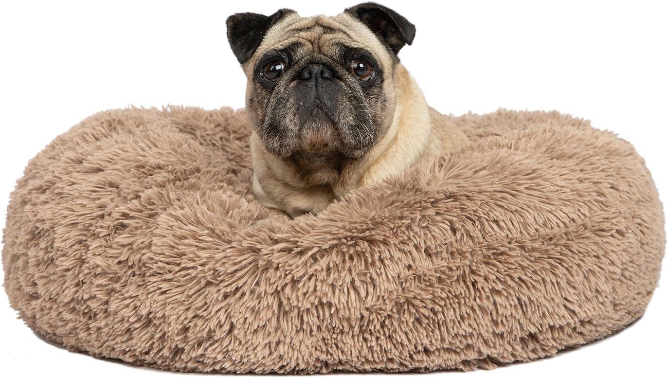 Donut Dog Bed with Faux Fur, Anti-Anxiety Cushion, Slip-Resistant