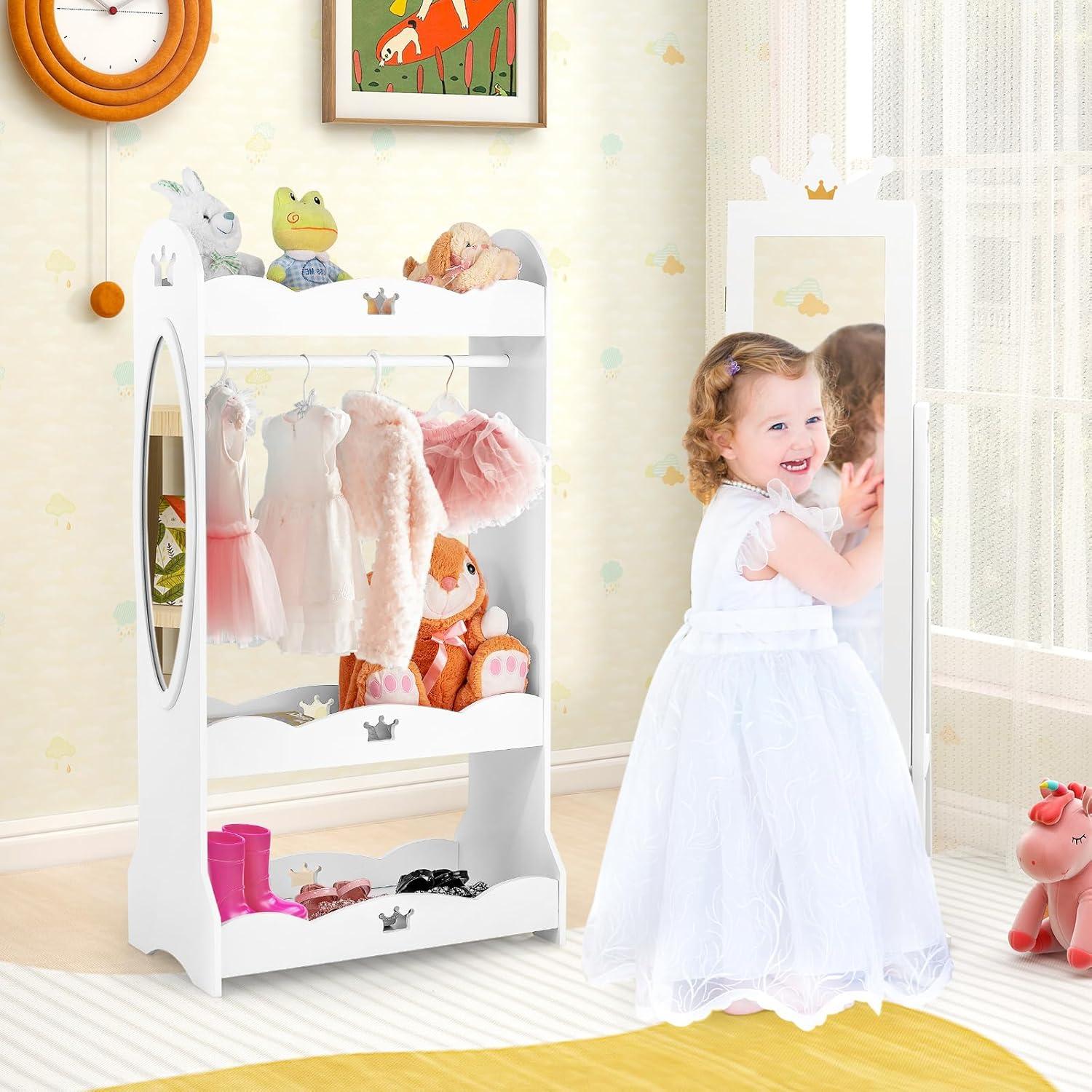 Tangkula Kids Jewelry Cabinet with Full-Length Mirror Drawer 2 Adjustable Tilt Angles White