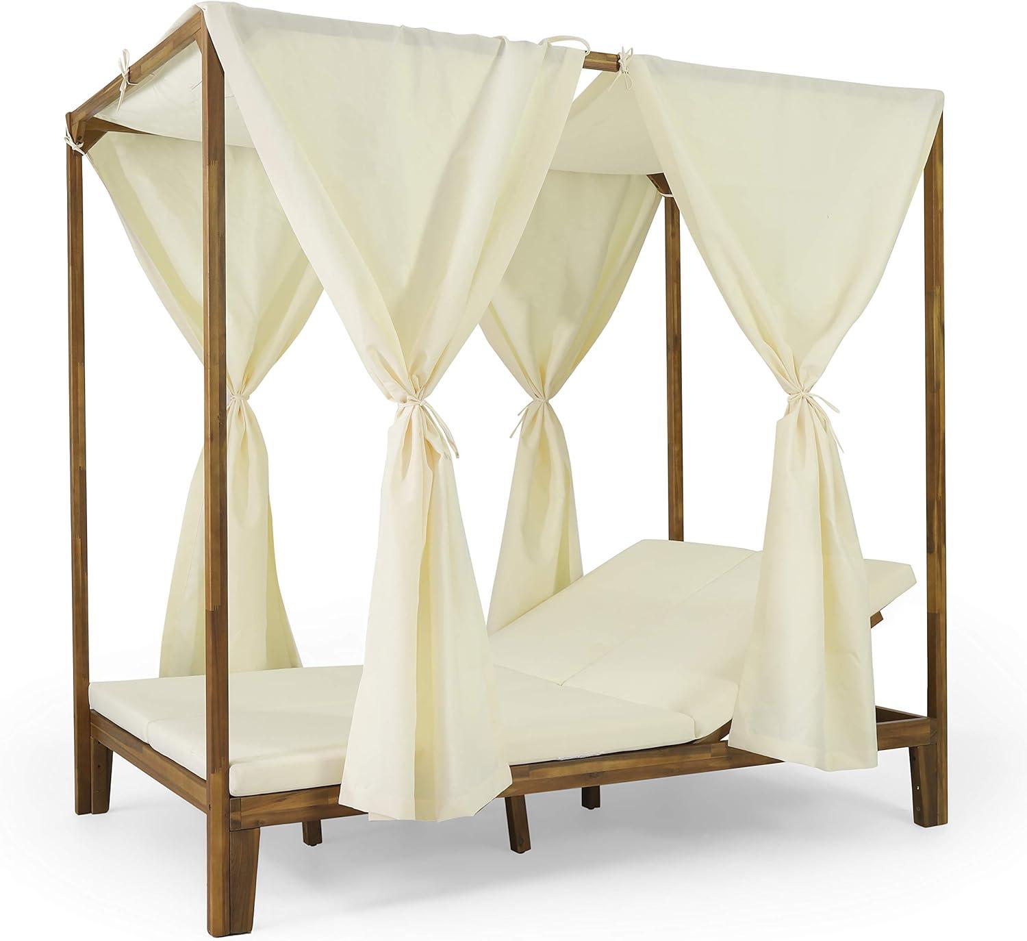 Kinzie Outdoor 2 Seater Acacia Wood Daybed with Adjustable Chaise & Water-Resistant Curtains - Christopher Knight Home