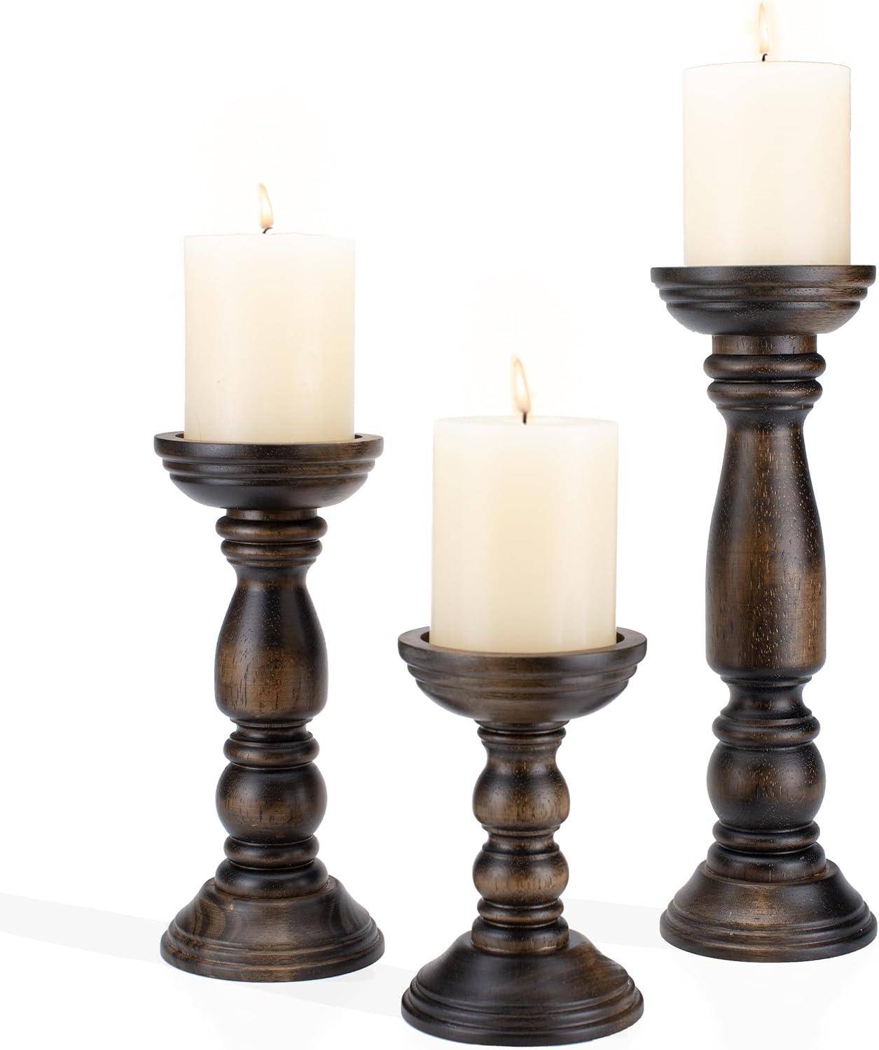 Rustic Brown Wood Ridge Embellished Candle Holder Set