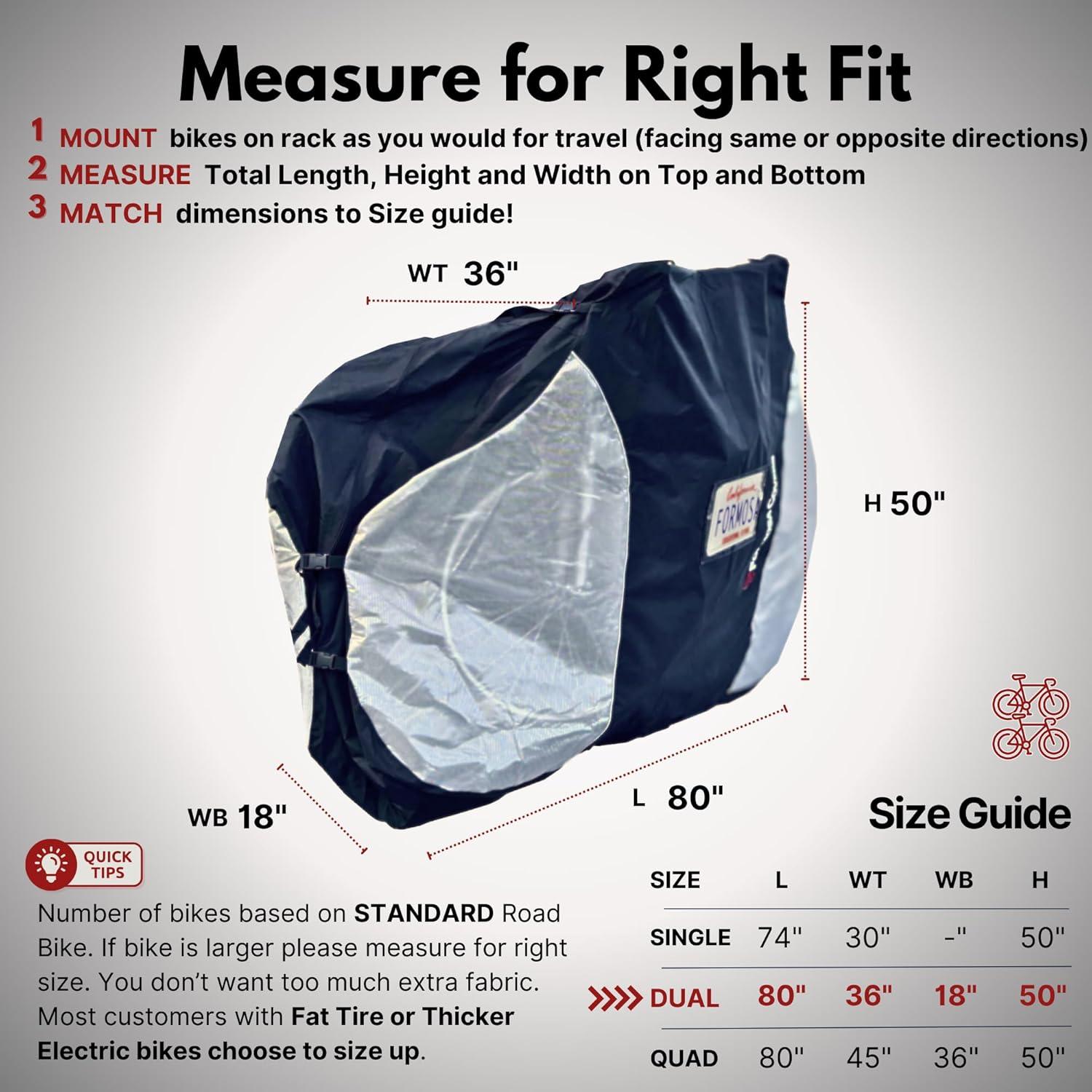 FORMOSA Protective Travel Bike Cover - Heavy Duty Electric Bike Cover - Transport on Rack - Single, Dual, Quad Sizes