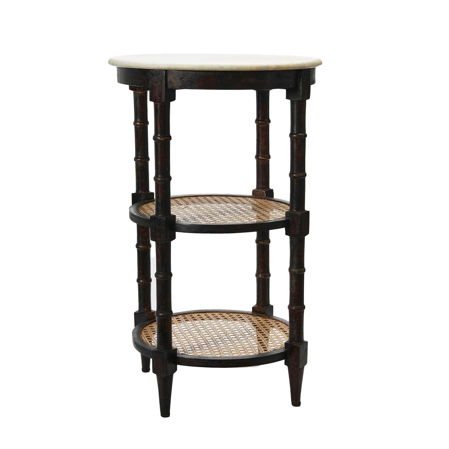 Creative Co-Op Round Solid Wood End Table with Genuine Marble Top and 2 Woven Cane Storage Shelves, Brown Stain and Natural