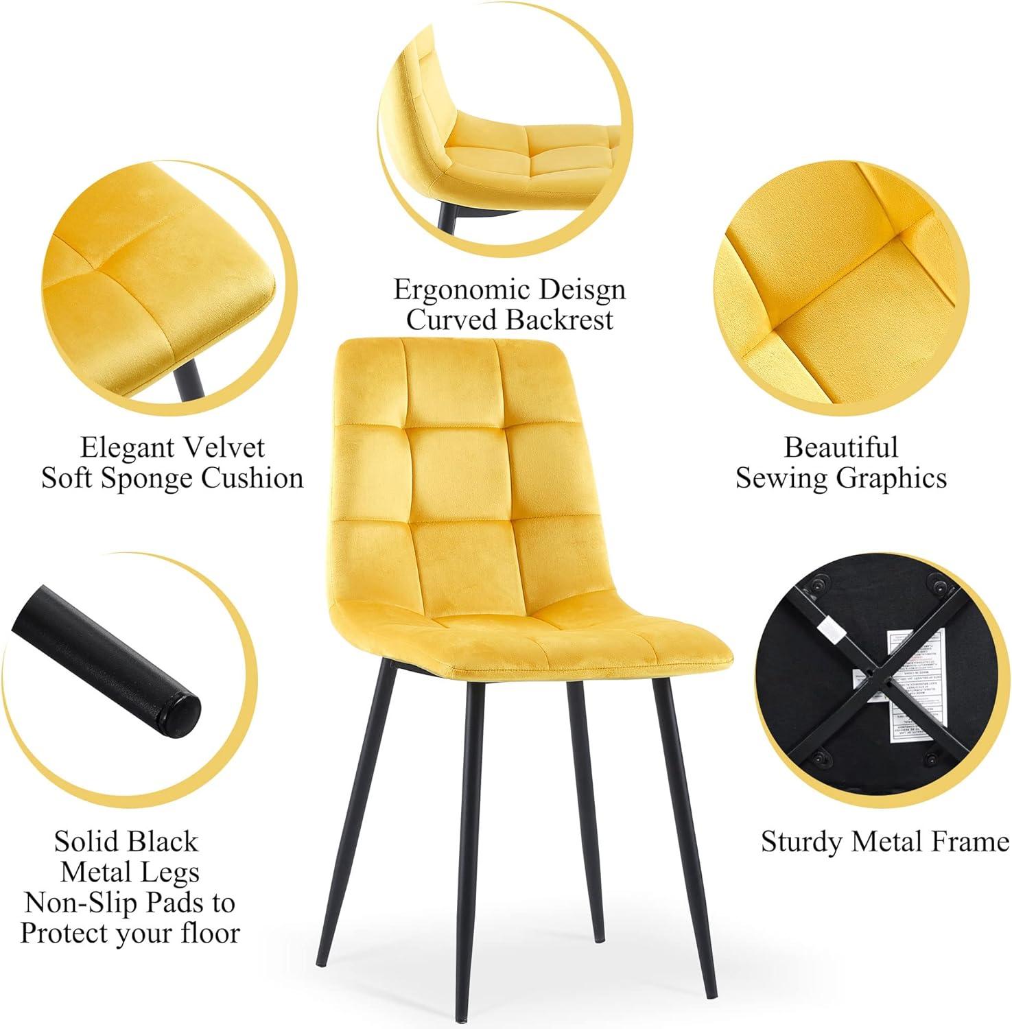 Modern Dining Chair Velvet Set of 4,Upholstered Living Room Chair with No Arms Side Chair High-Back Space Savining Accent Chair with Metal Legs for Dining Room,Living Room, Yellow