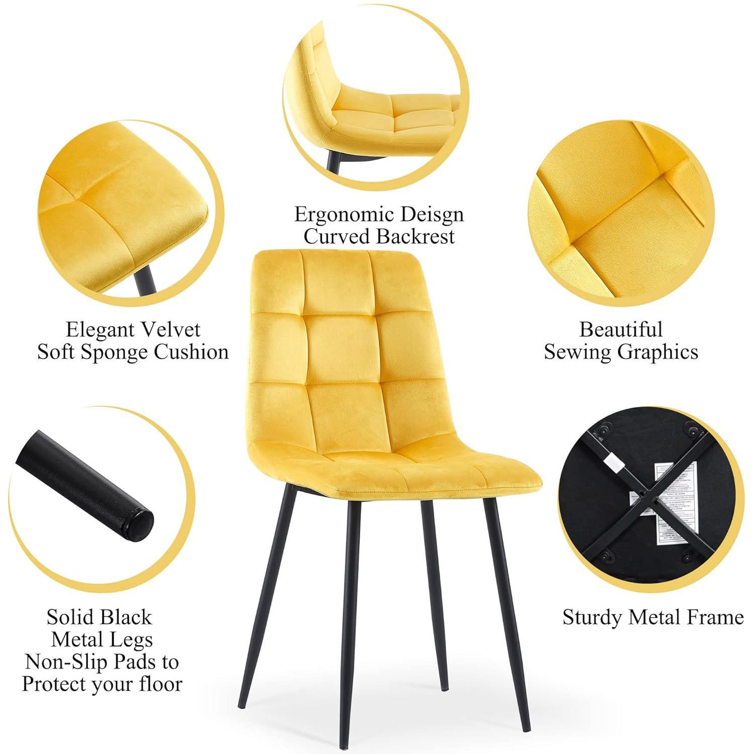 Modern Dining Chair Velvet Set of 4,Upholstered Living Room Chair with No Arms Side Chair High-Back Space Savining Accent Chair with Metal Legs for Dining Room,Living Room, Yellow