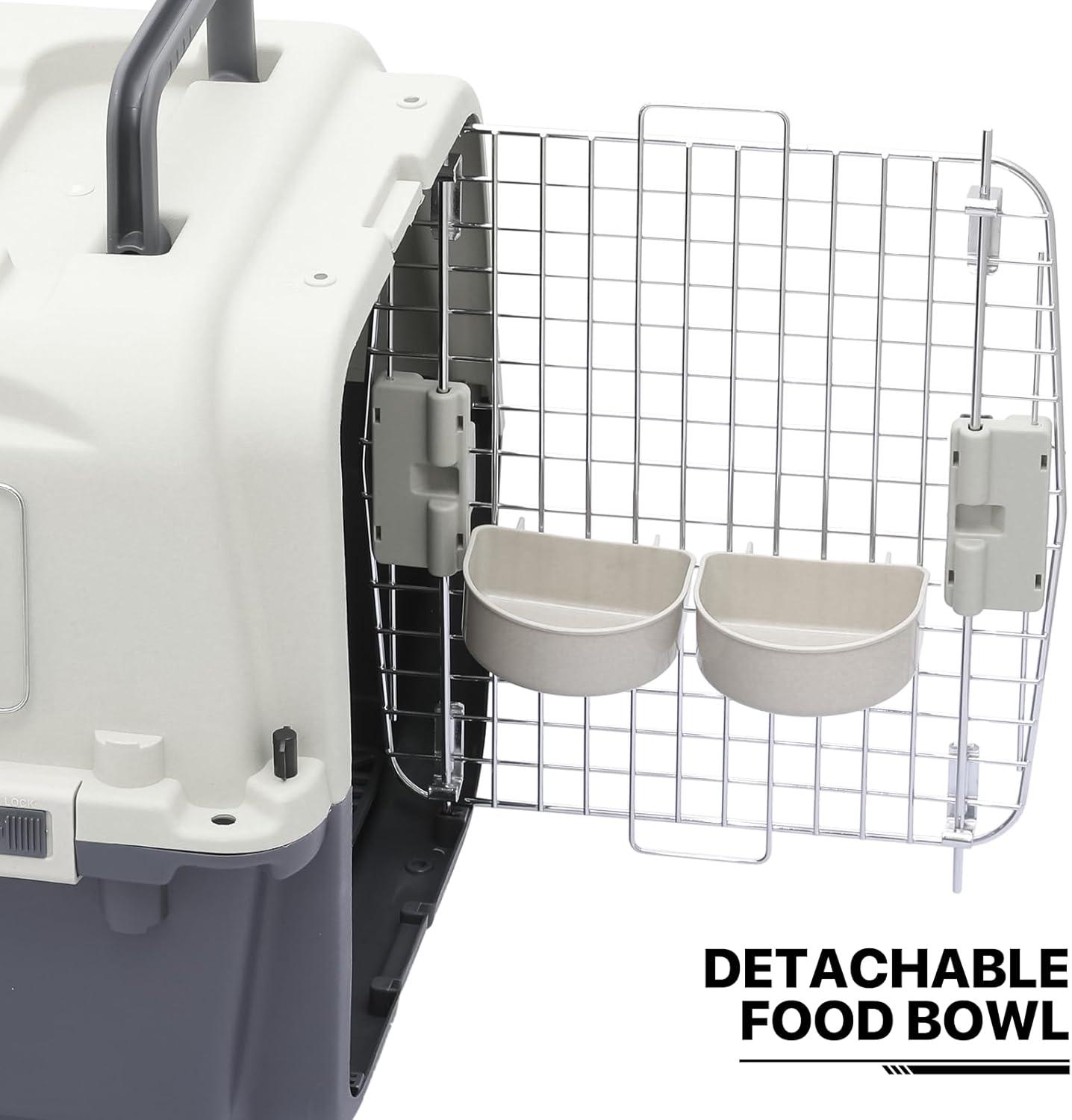 MoNiBloom Jaula Transpirable para Mascotas de 27 Pulgadas, Caja de Transporte, Perrera de Viaje para Perros con Tazones y Ruedas para Gatos y Gatitos, Aprobada por Aerolíneas, Blanco/gris