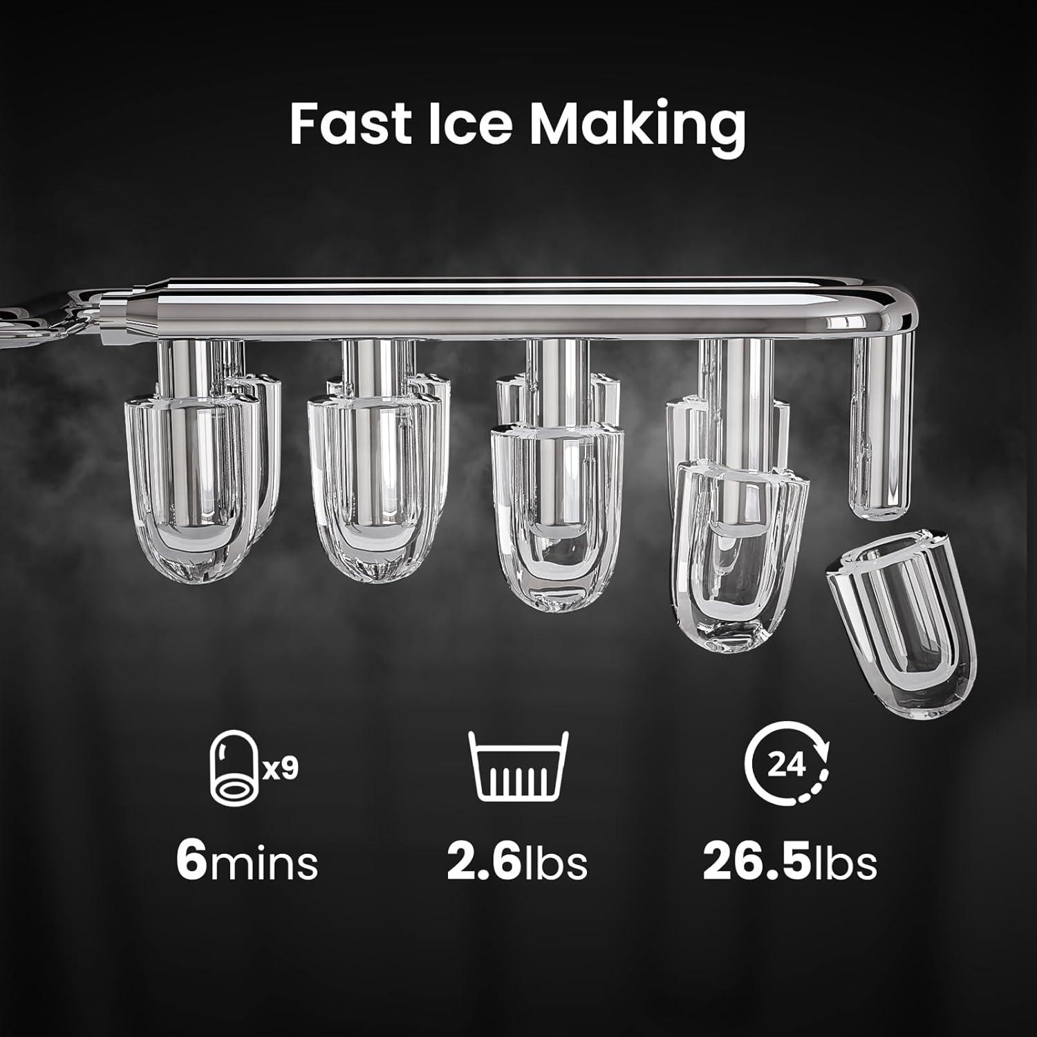 R.W.FLAME Ice Makers Countertop with Handle,26.5Lbs/24H,9 Cubes in 6 Mins,2 Sizes of Bullet Ice,Portable Ice Maker Machine with Self-Cleaning, green