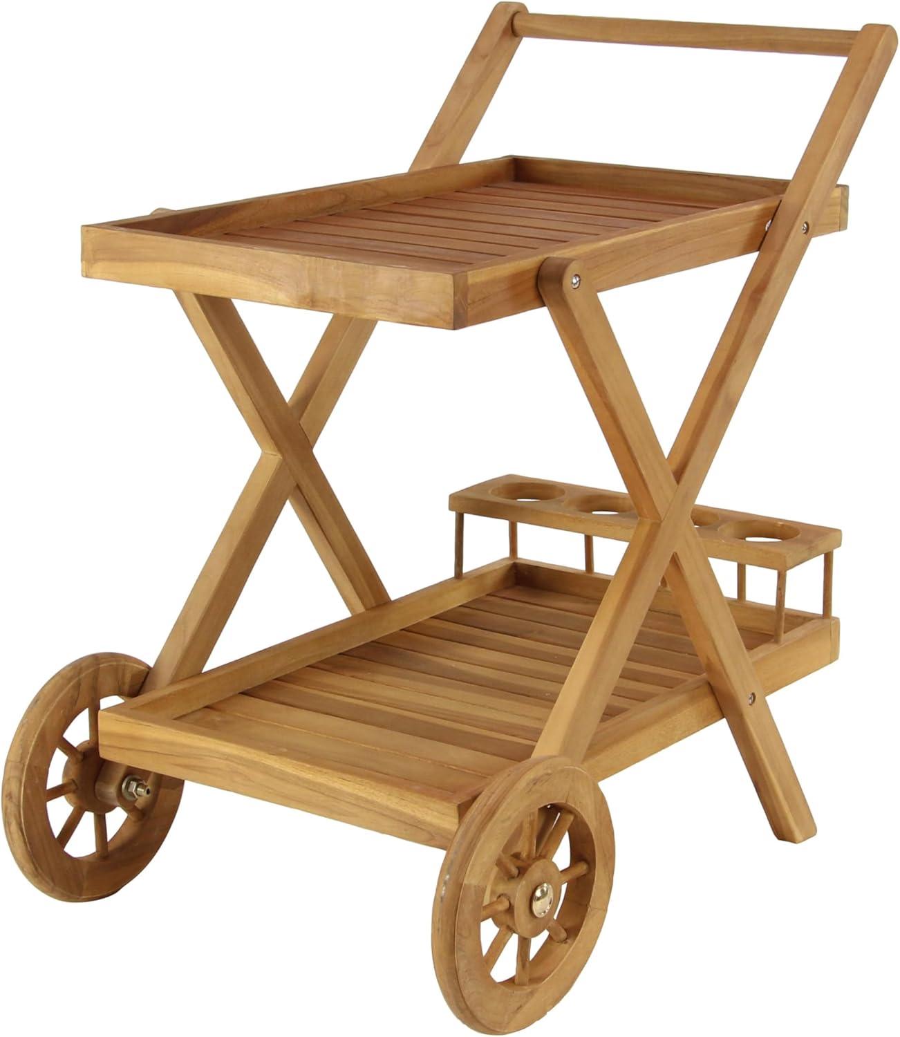 Brown Teak Wood Indoor Outdoor Rolling Bar Cart with Wine Rack