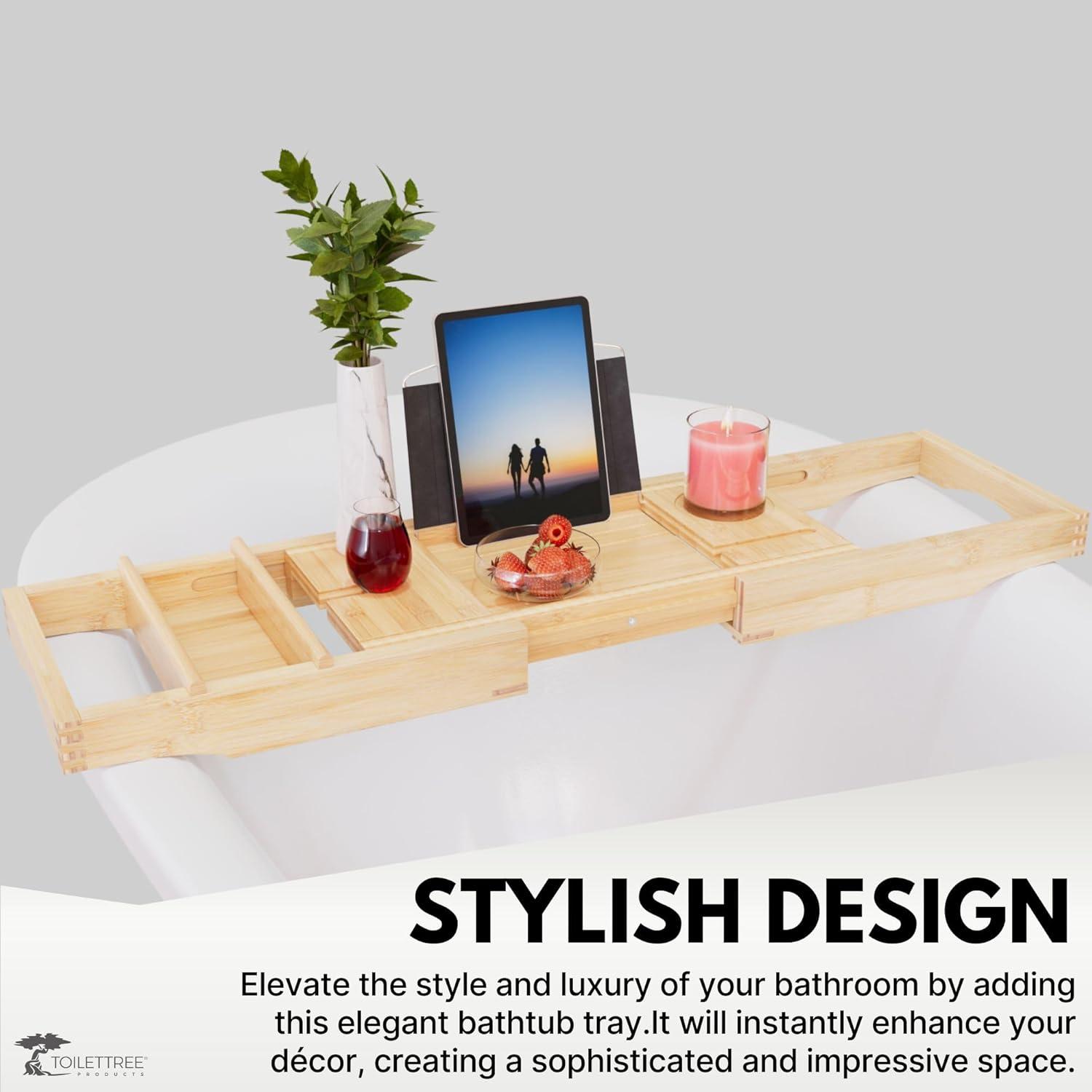ToiletTree Products Bamboo Bathtub Caddy with Extending Sides and Adjustable Book Holder (Deluxe)