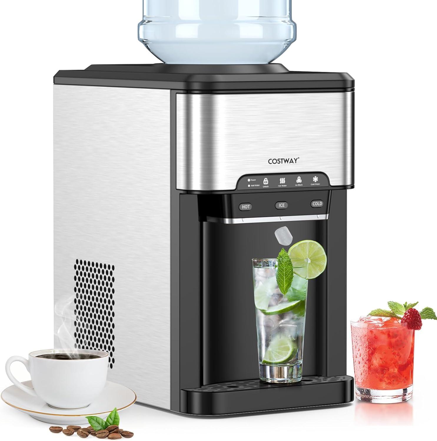Kepooman Water Cooler Dispenser 3-in-1 with Built-in Ice Maker and 3 Temperature Settings-Silver