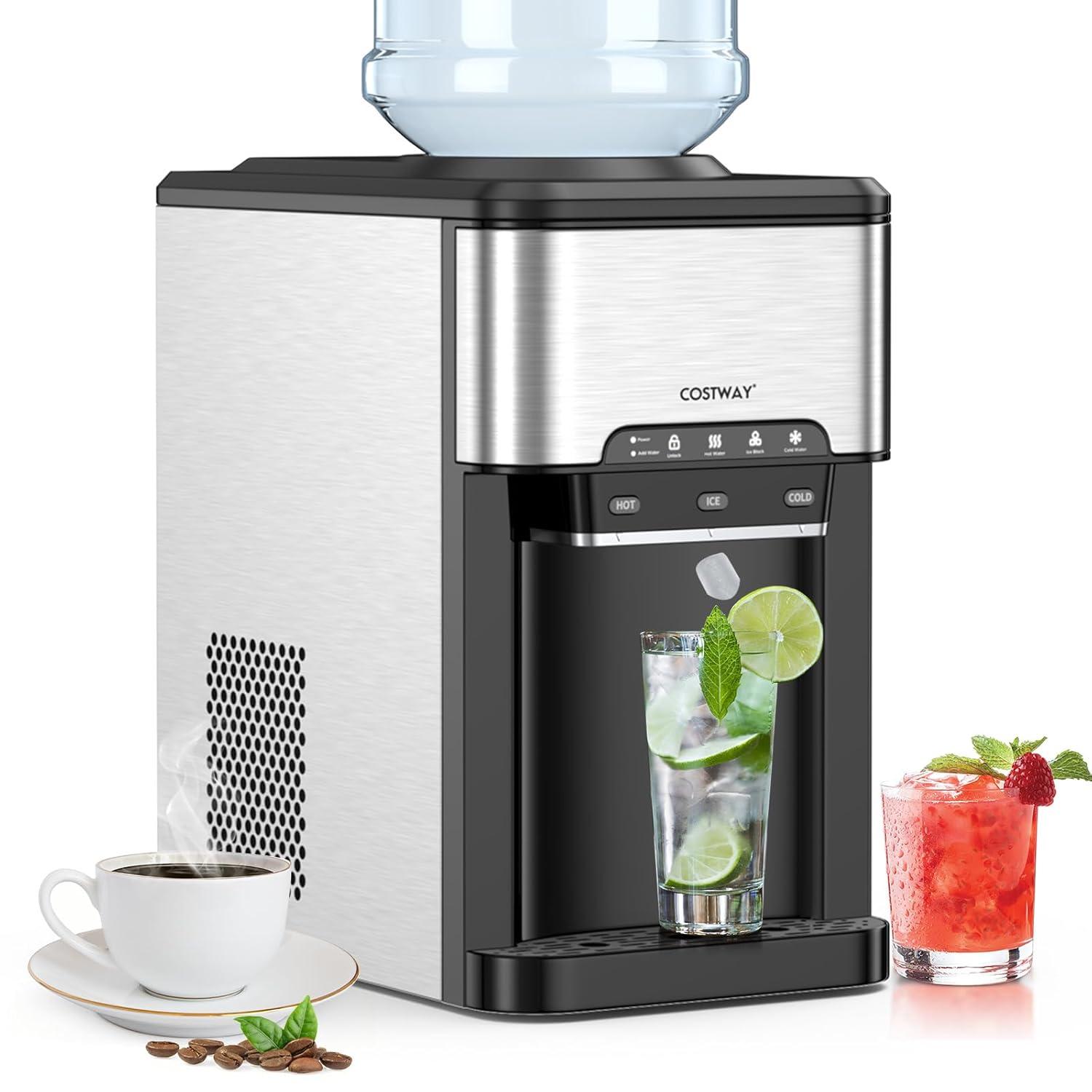 Kepooman Water Cooler Dispenser 3-in-1 with Built-in Ice Maker and 3 Temperature Settings-Silver