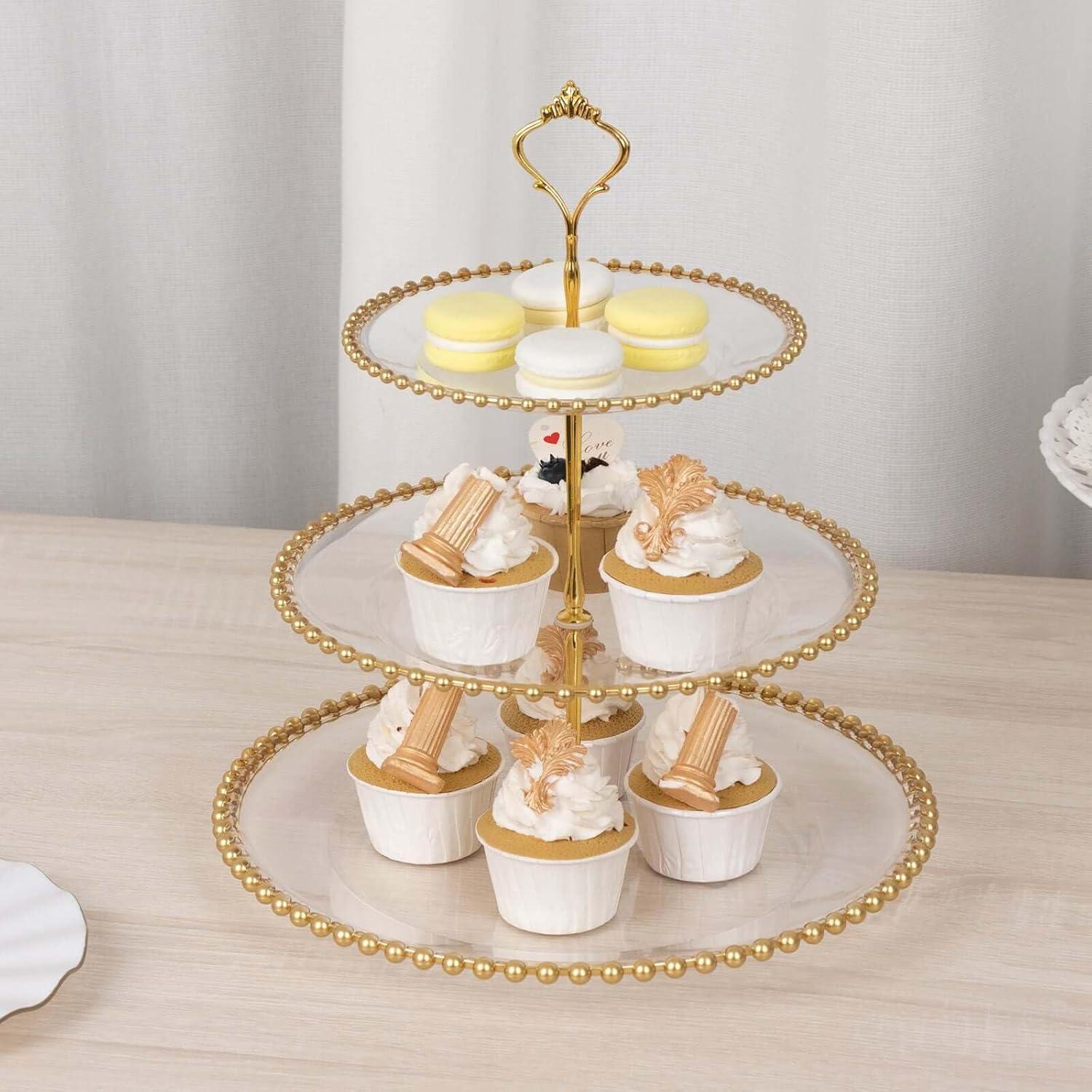 Efavormart Clear 3-Tier Round Plastic Cupcake Tower Stand with Beaded Rim, Dessert Display Tea Party Serving Platter With Top Handle - 14" Tall
