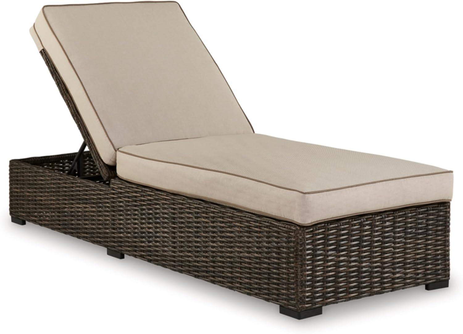 Beige and Dark Brown Outdoor Armless Chaise Lounge with Cushions