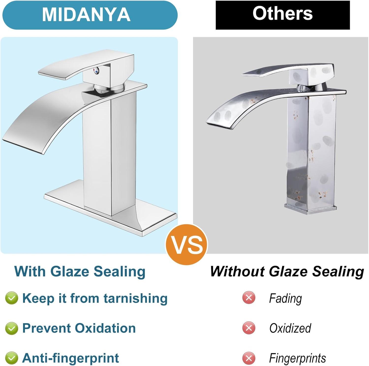 Midanya Waterfall Spout Bathroom Faucet Single Handle 1 Hole Bathroom Sink Faucet,Modern RV Lavatory Vanity Basin Tap with Water Hose,Short Body,Polish Chrome