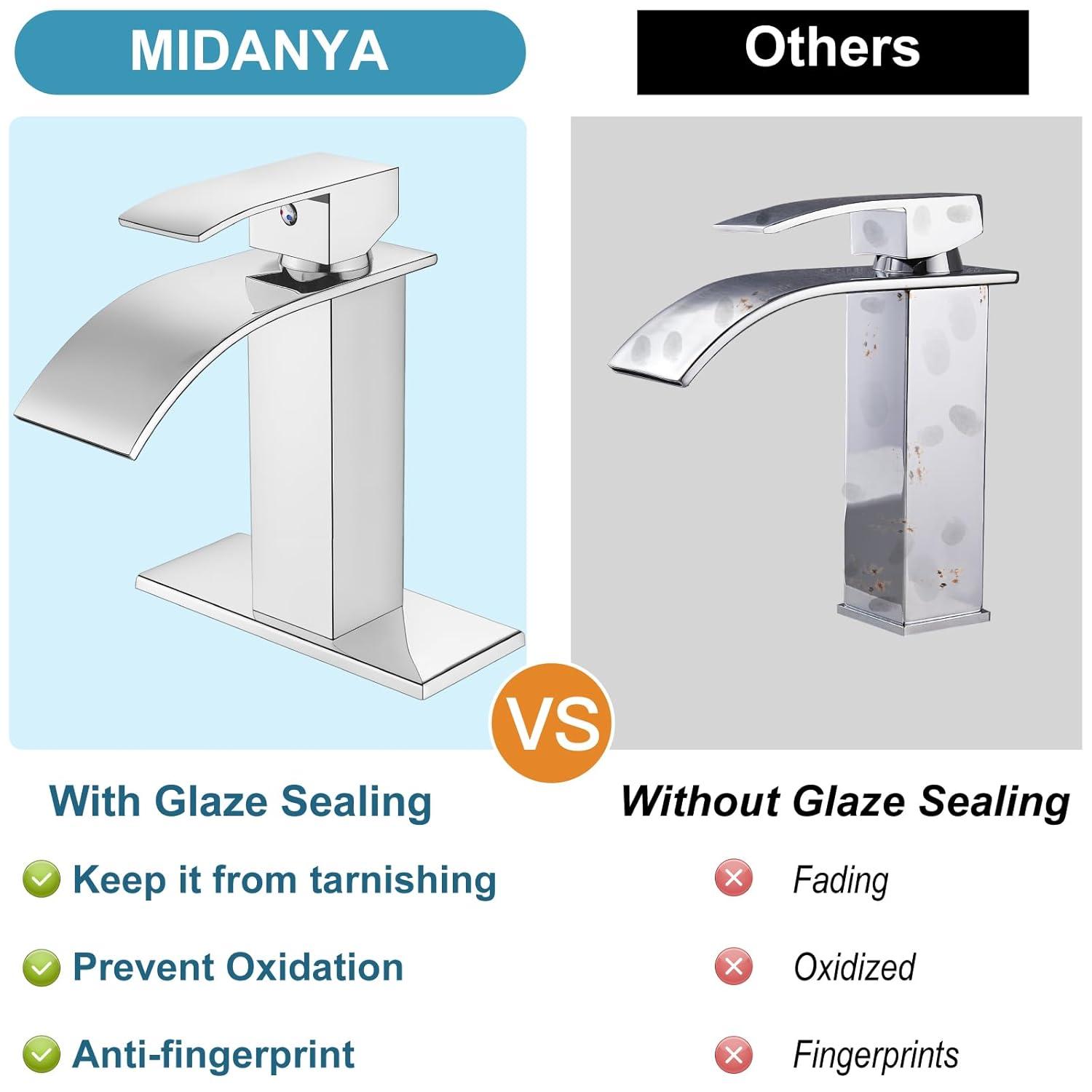 Midanya Waterfall Spout Bathroom Faucet Single Handle 1 Hole Bathroom Sink Faucet,Modern RV Lavatory Vanity Basin Tap with Water Hose,Short Body,Polish Chrome