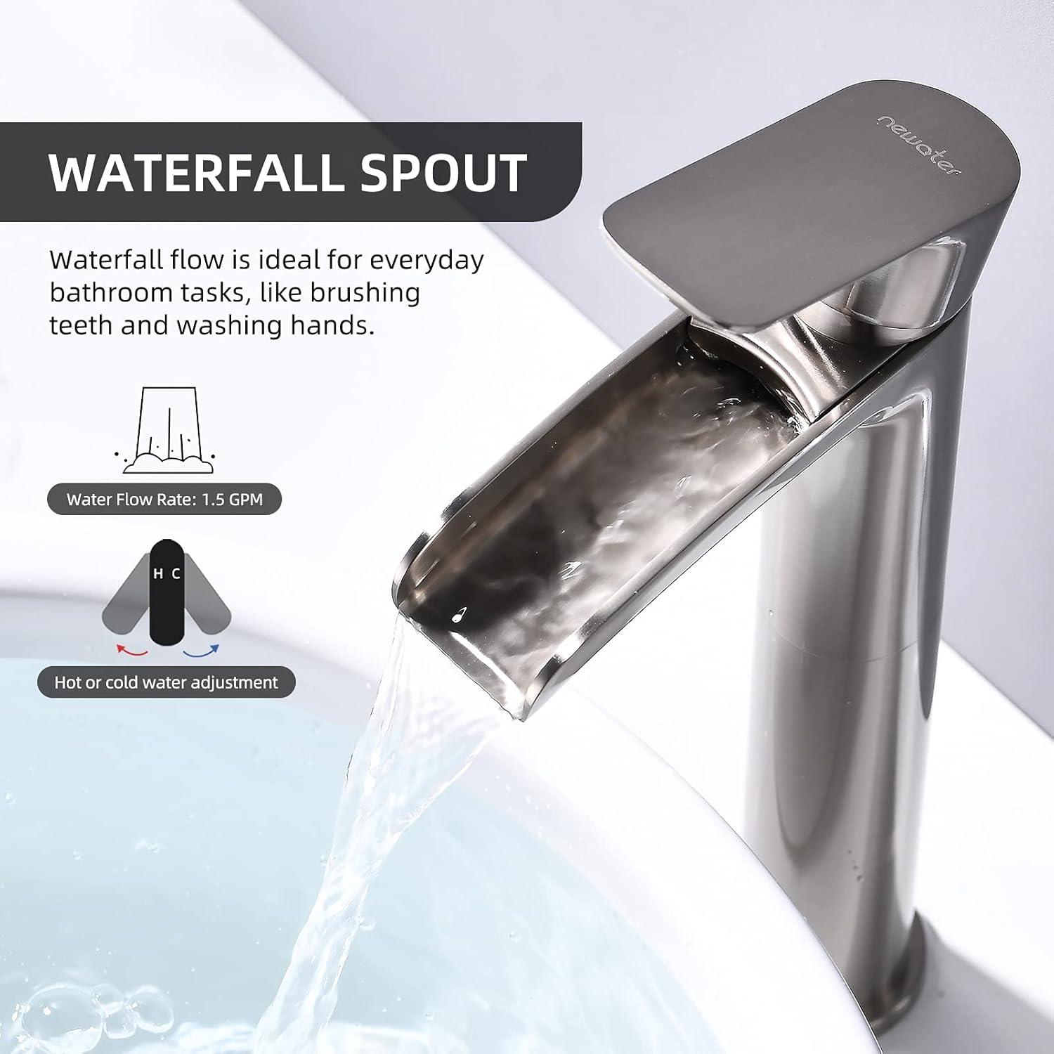 NEWATER Matte Black Tall Bathroom Vessel Sink Faucet, Single Hole Single Handle Waterfall Modern Bathroom Faucet, Vanity Faucet with Water Supply Line