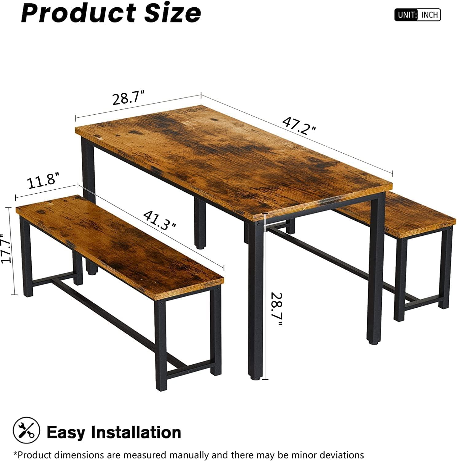 Rustic Brown Wood and Black Metal Dining Table Set with Benches