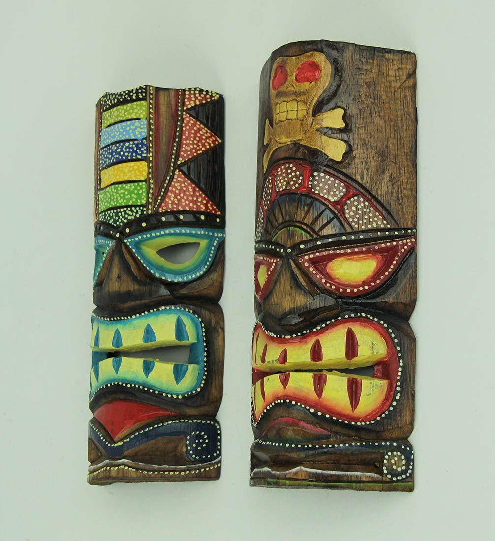 J.D. Yeatts 12 inch Carved Wood Surfer Tiki Masks Wall Hanging Beach (Set of 2)