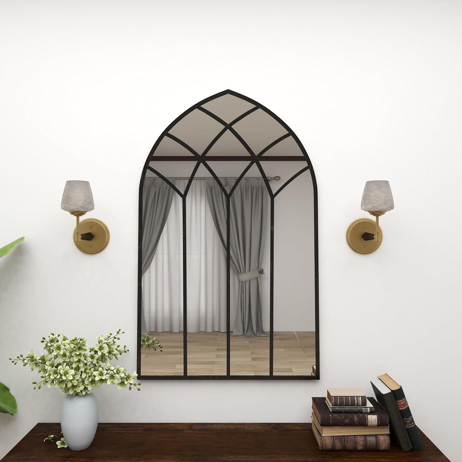 DecMode 30" x 48" Black Arched Window Pane Wall Mirror