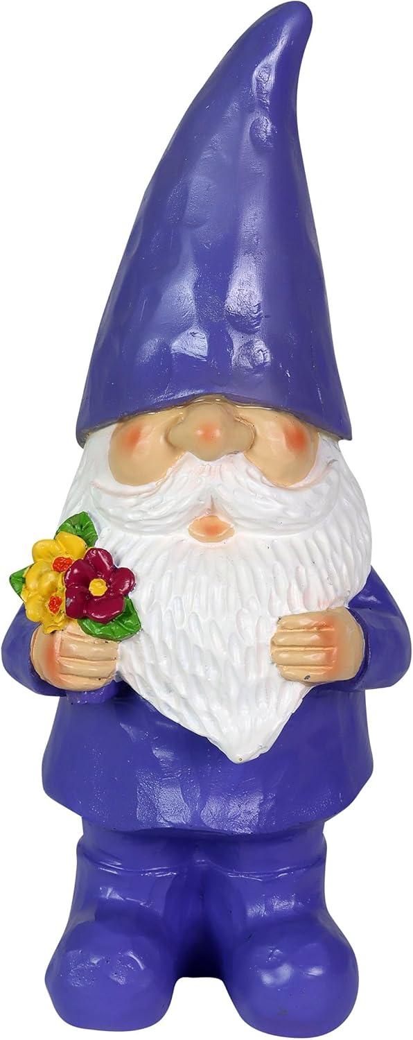 Exhart Solar Woodland Garden Gnome with Flower Bouquet Statuary, 11 Inch