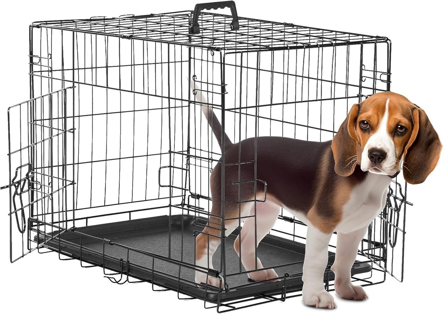 24-Inch Foldable Metal Wire Dog Crate, Collapsible Double Door Dog Crate with Removable Leak-Proof Pan, Divider Dogs Crate with Handle, Black