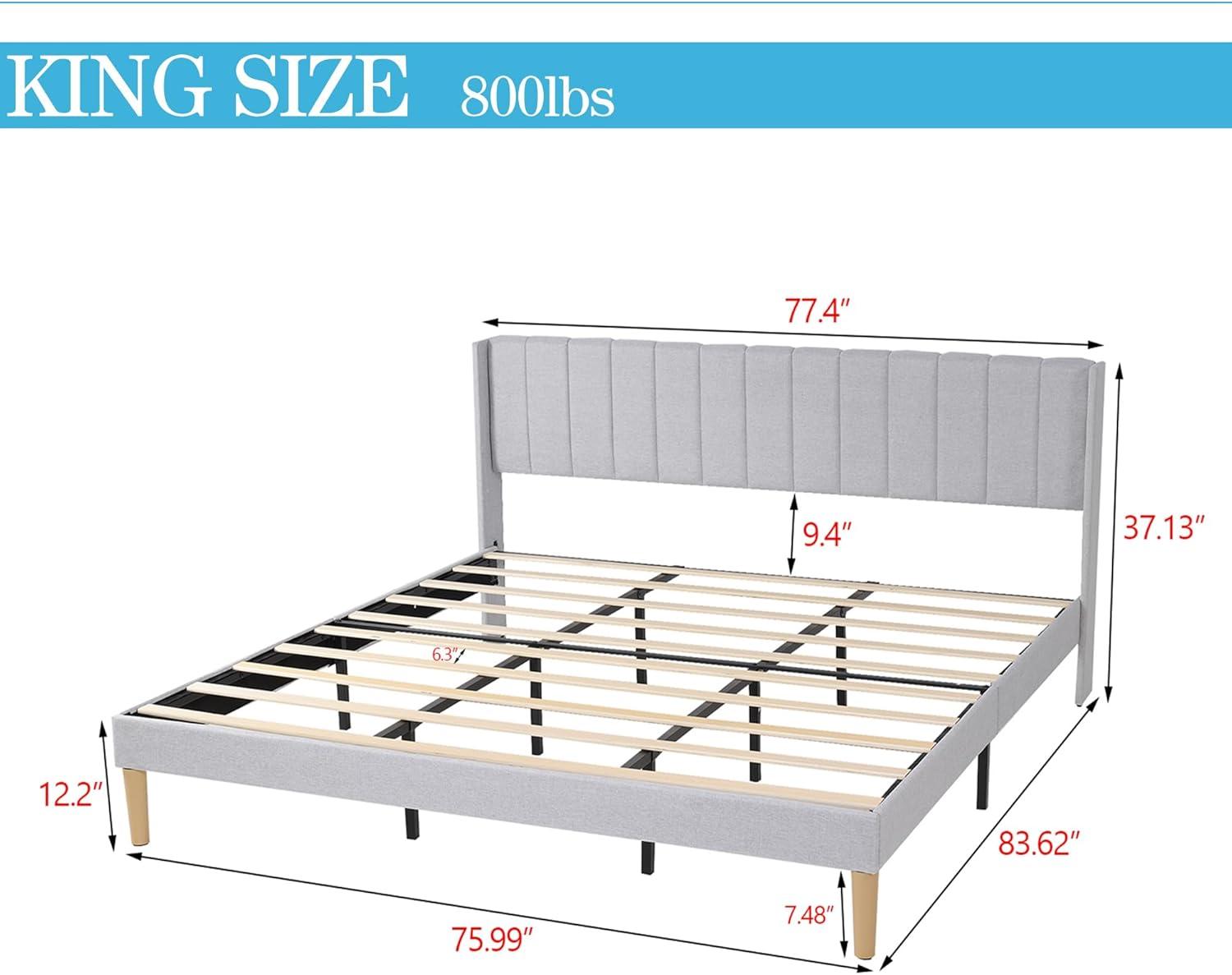 alazyhome Upholstered Platform King Size Bed Frame with Headboard Wooden Slats Support No Noise Easy Assembly Light Grey Linen