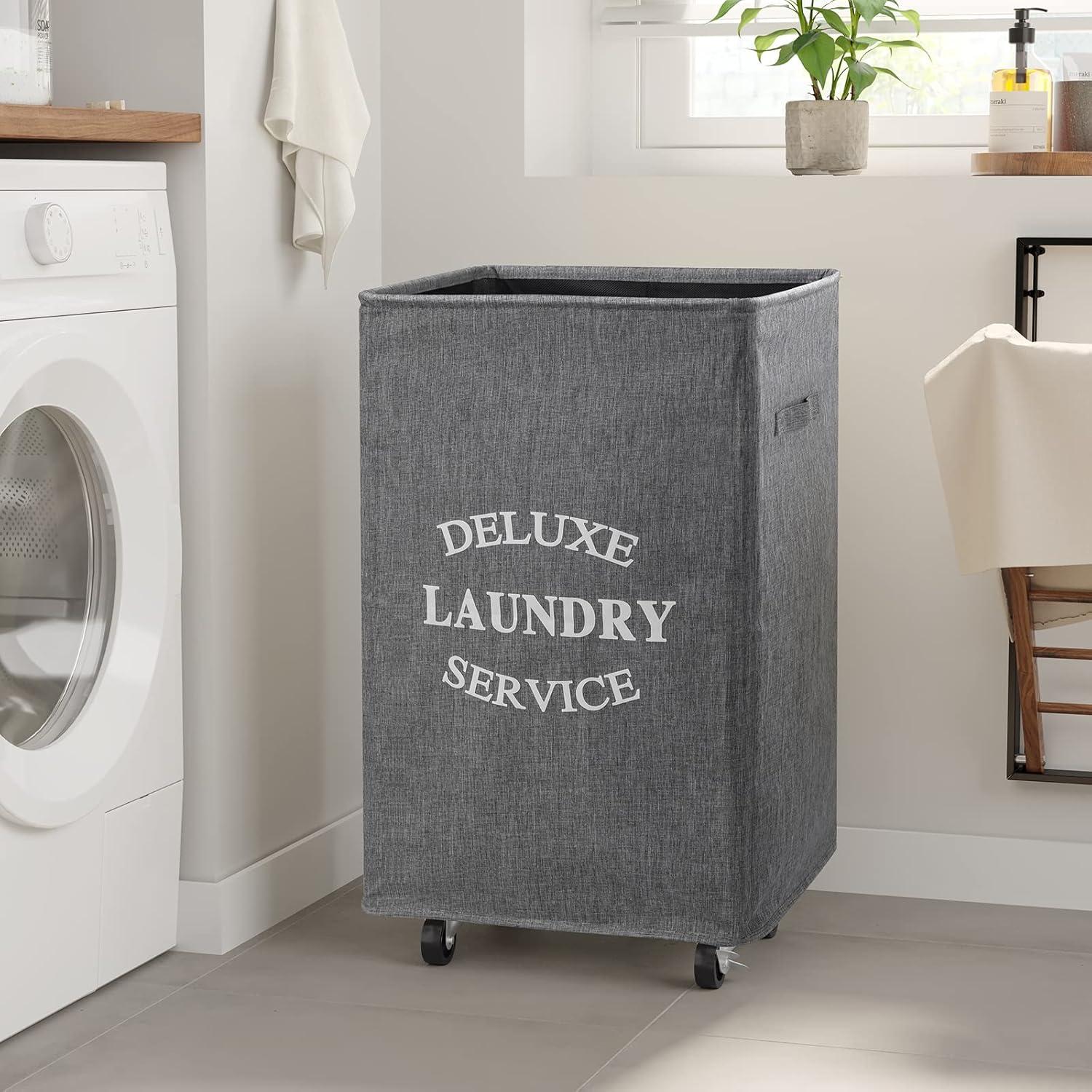WOWLIVE Large Rolling Laundry Basket Wheels 90L Collapsible Tall Laundry Hamper Handle Foldable Dirty Clothing Basket Fold up Rectangular Hampers for Laundry Dorm Room (Grey2)