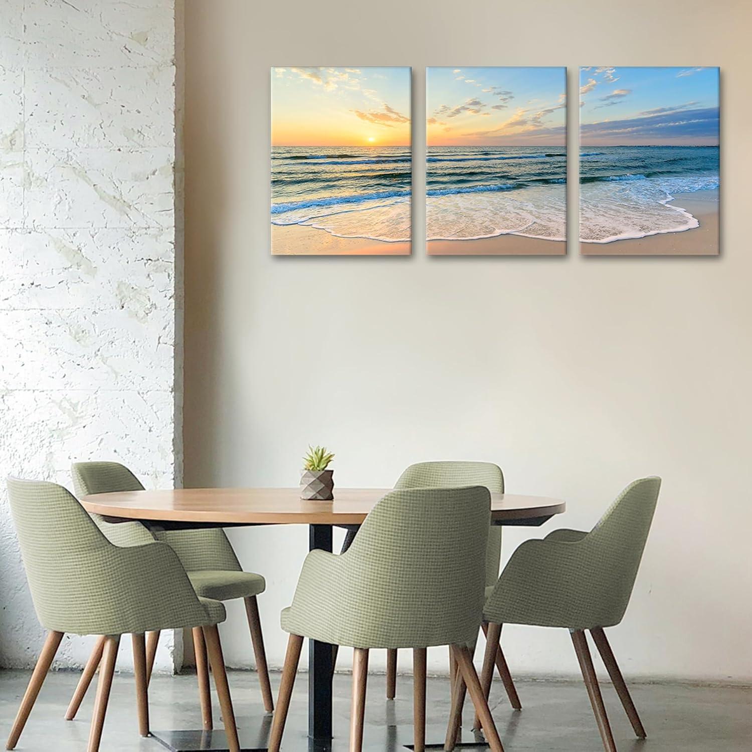 Asdg12s-3 Panel Wall Art Blue Sea Sunset White Beach Painting The Picture Print On Canvas Seascape The Pictures for Home Decor Decoration,Ready to Hang