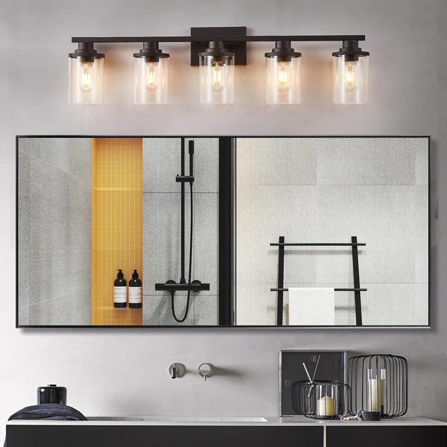 Matte Black 5-Light Bathroom Vanity Fixture with Glass Shades