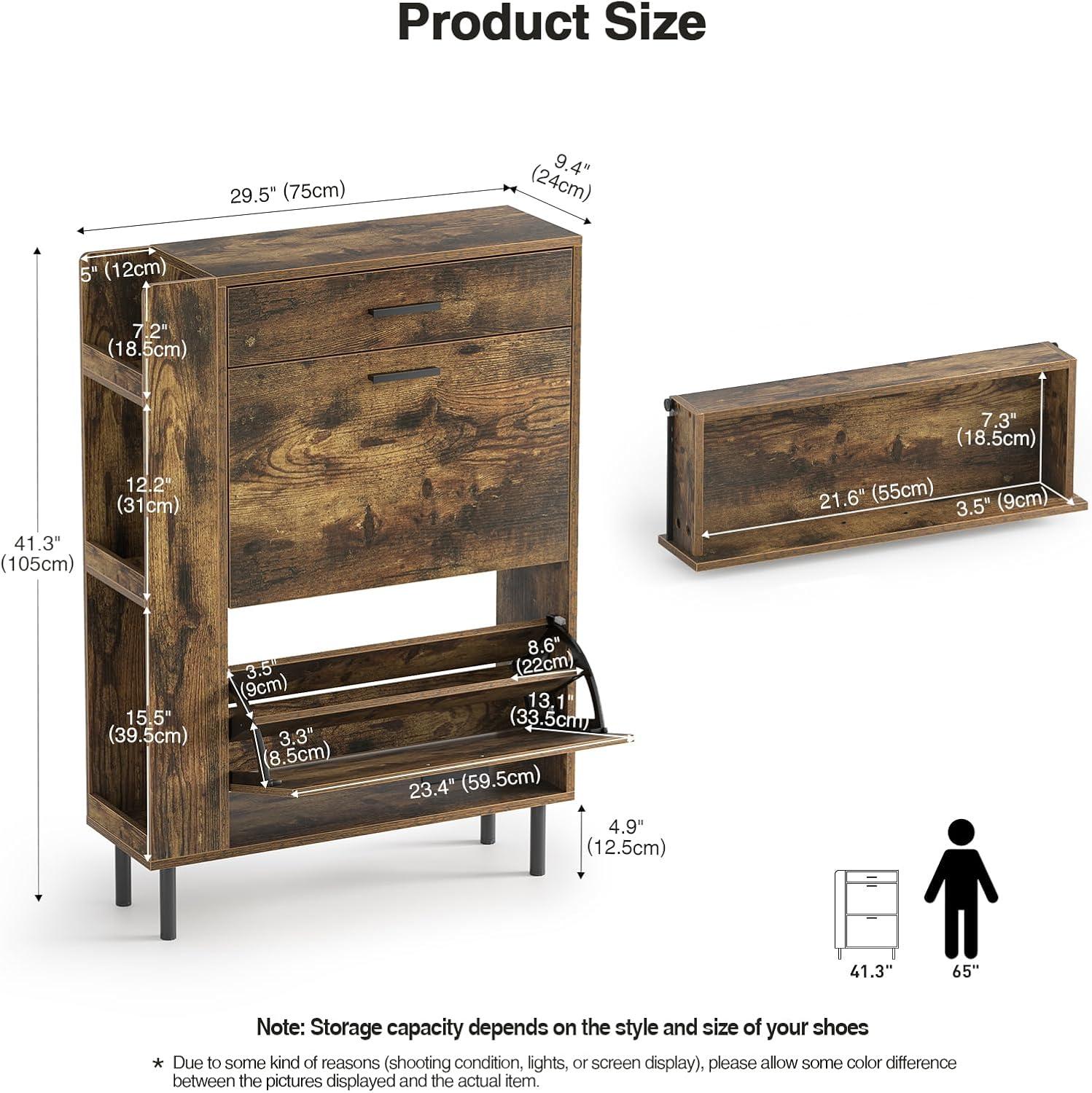 Shoe Cabinet Storage for Entryway  Freestanding Slim Shoe Organizer Cabinet with 2 Flip Drawers  Narrow Shoe Rack with Open Shelves for Hallway  Living Room  White