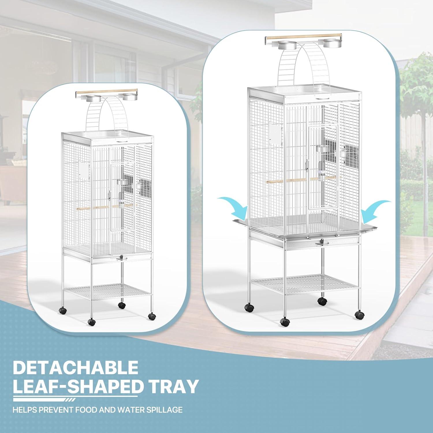 MoNiBloom 61" Large Rolling Bird Cage with 2 Perches and 4 Doors, heavy-duty wrought iron Bird Cage for Cockatiel, Sun Conure, Parakeet, Finch, Budgie, Lovebird and Canary Birds, White