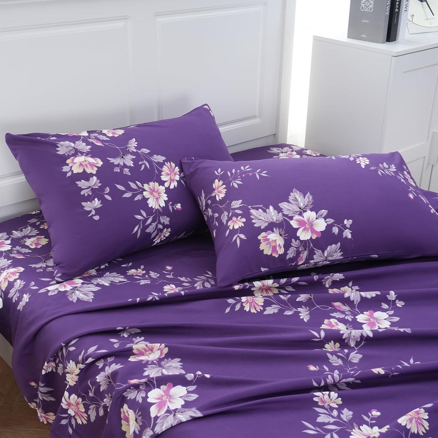 MEISHANG Twin Sheet Set - Floral Sheets Deep Pocket Ultra Soft Brushed Microfiber with Up to 16" Mattresses - Wrinkle Free - 3 Pieces(Twin,Purple Floral)