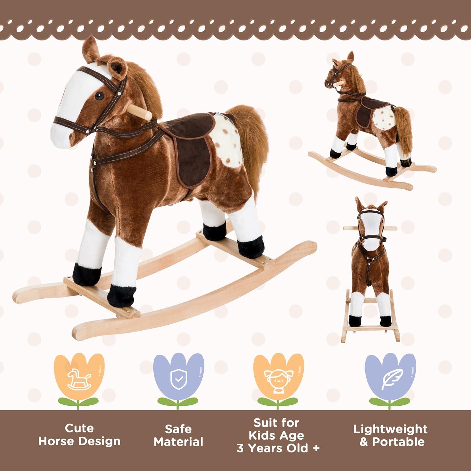 Qaba Kids Plush Toy Rocking Horse Ride on with Realistic Sounds -  Brown