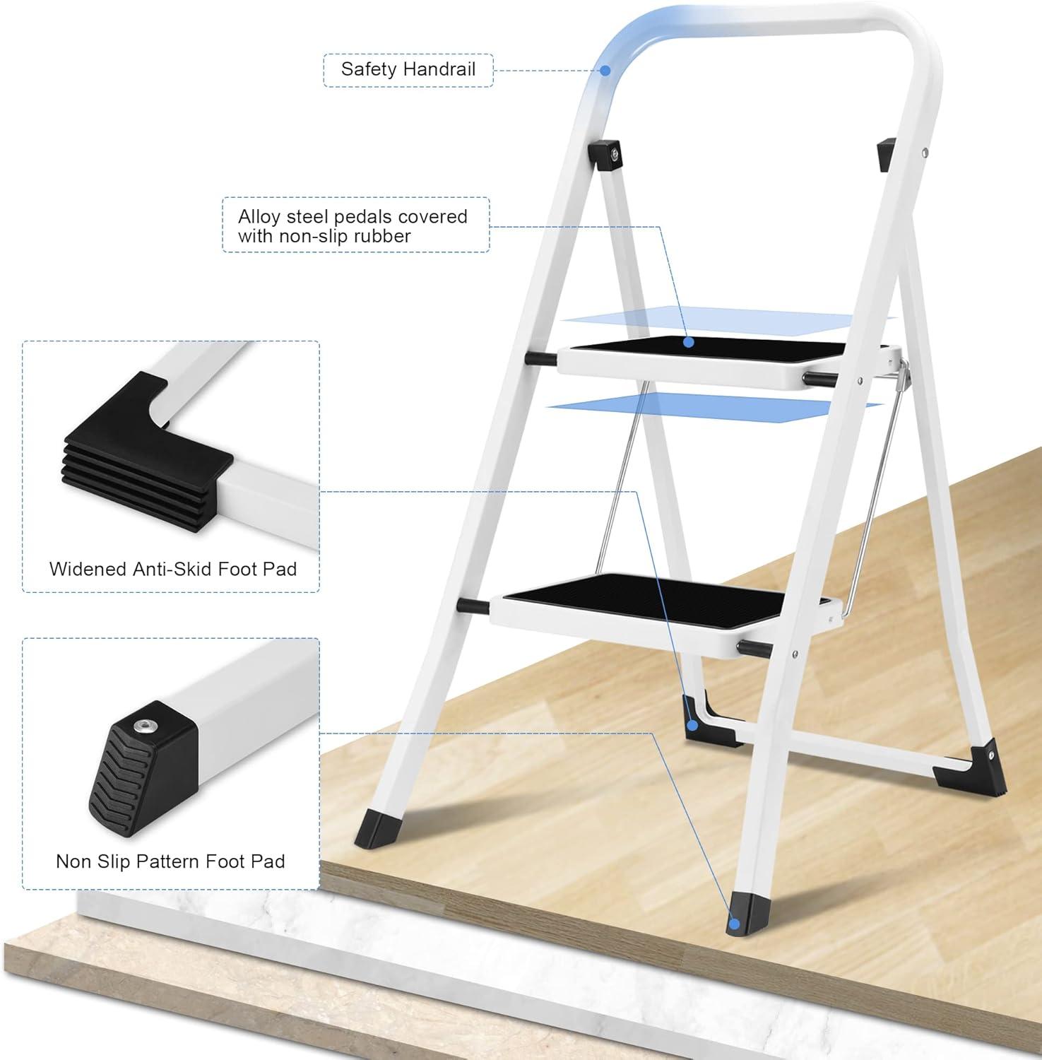 White Folding 2-Step Steel Ladder with Anti-Slip Pedal