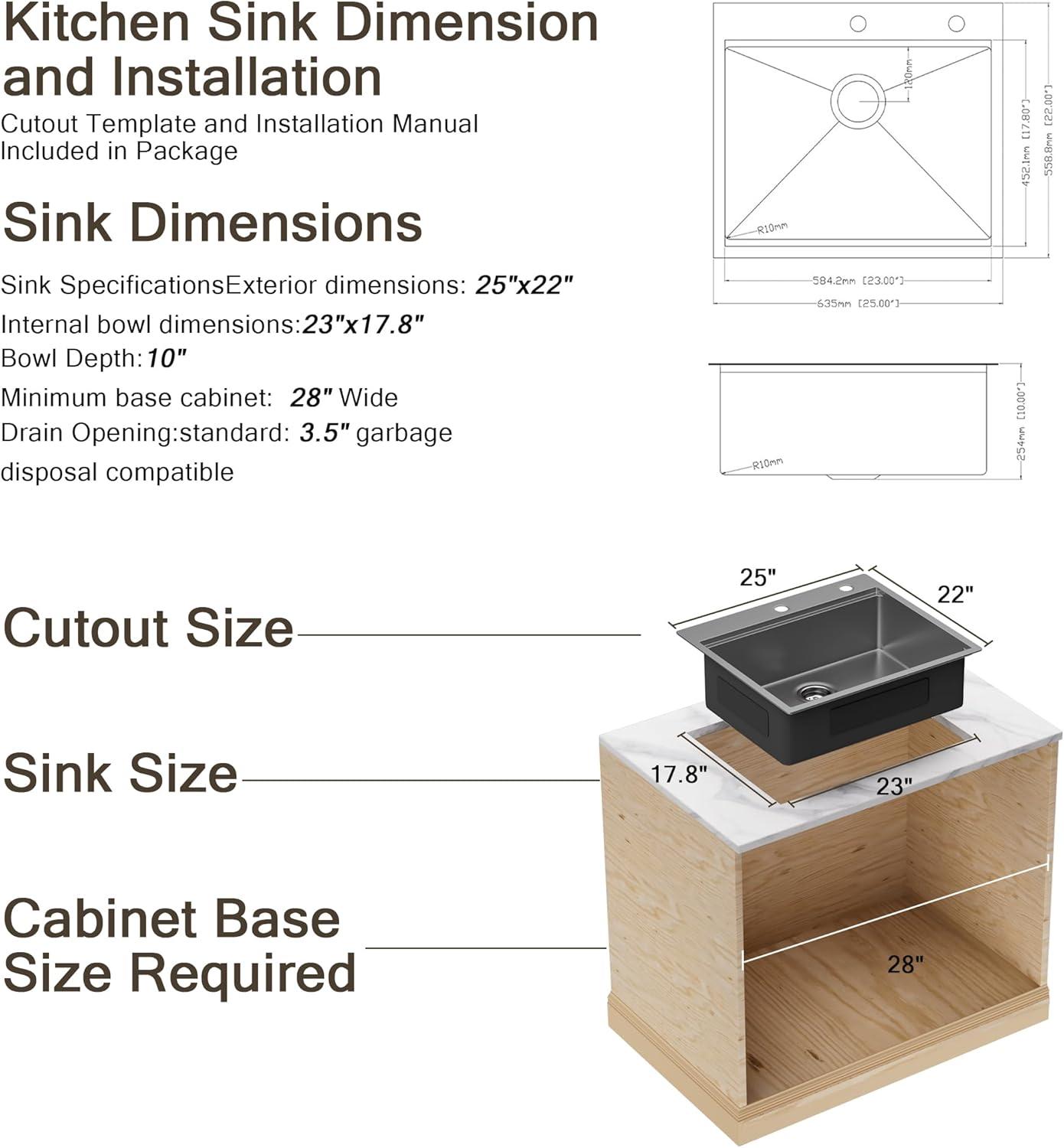 27" L x 22" W Drop In Kitchen Sink Gunmetal Black, HERCATE 16 Gauge Stainless Steel Workstation Sink, 27 Inch Topmount Single Bowl Sink with Accessories