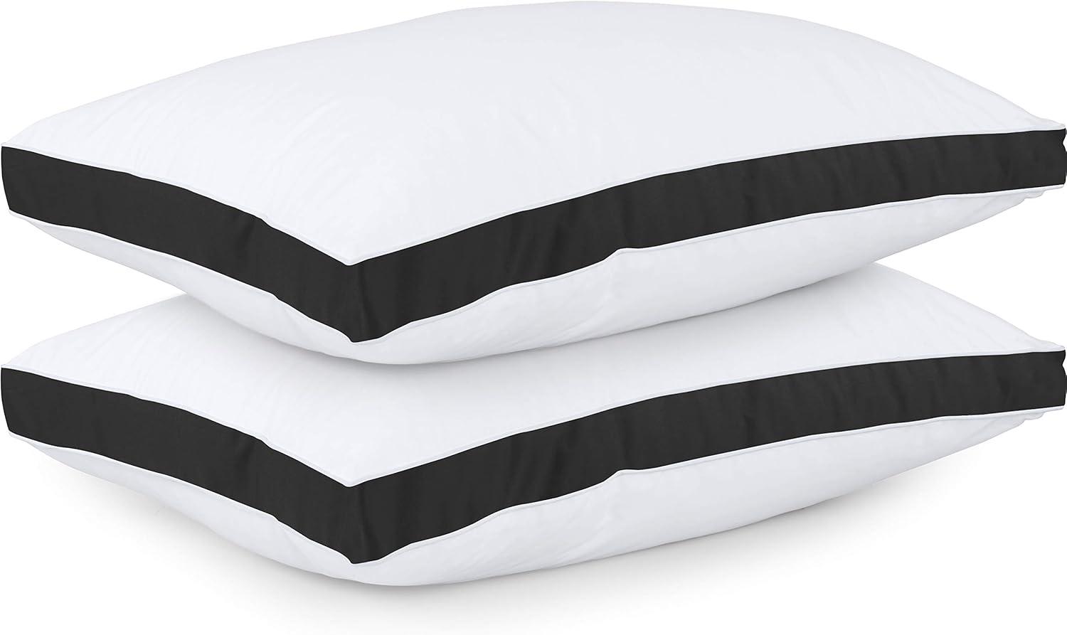 Queen Size Black and White Gusseted Polyester Bed Pillows, Set of 2