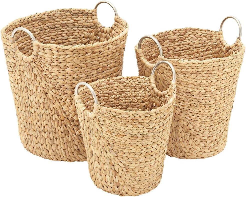 Brown Seagrass Braided Round Storage Baskets with Metal Handles, Set of 3