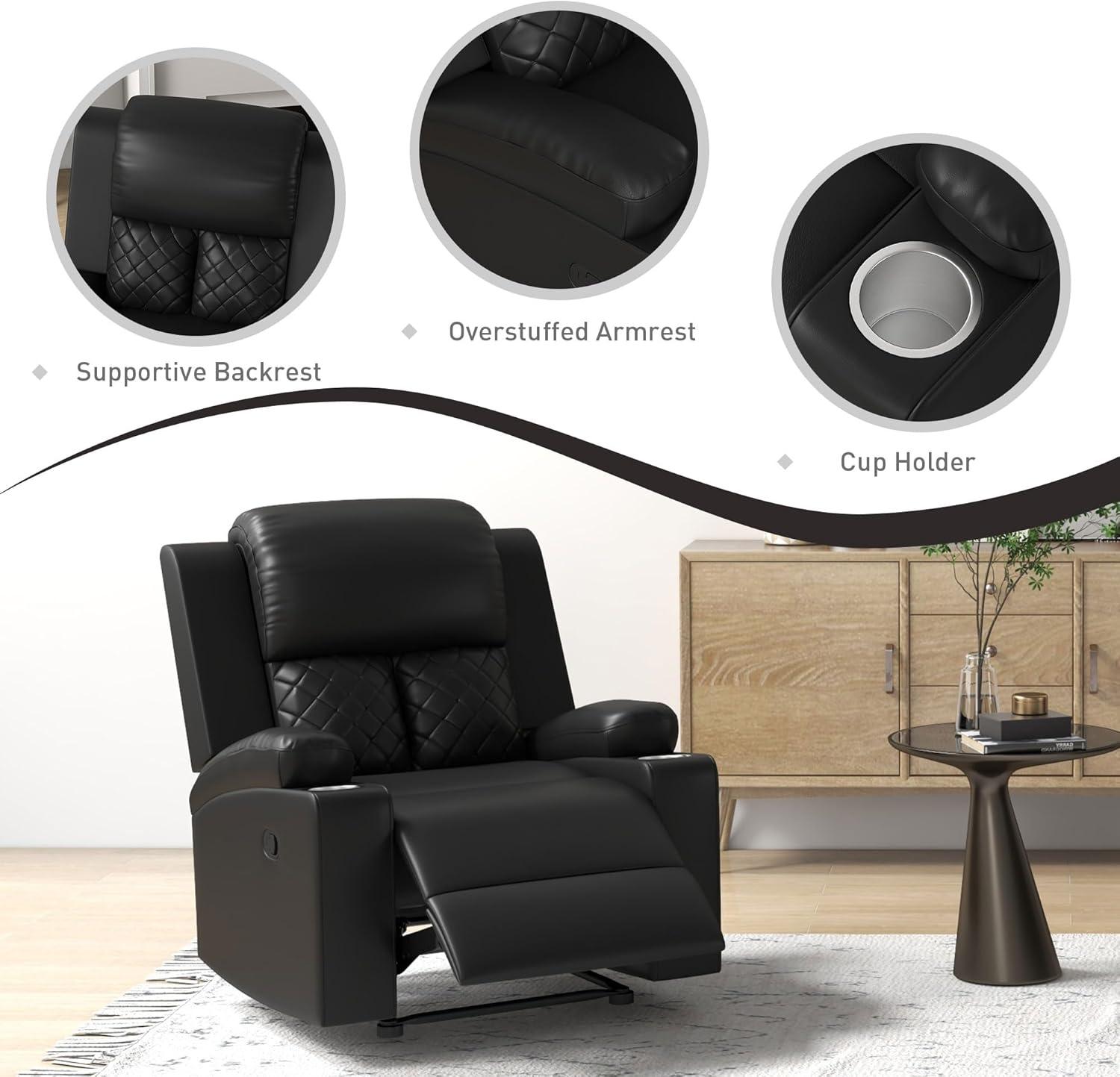 Bonzy Home Manual Recliner Chair for Adults, Comfortable Faux Leather Home Theater Seating with Overstuffed Backrest and Armrests, 2 Cup Holders, Black