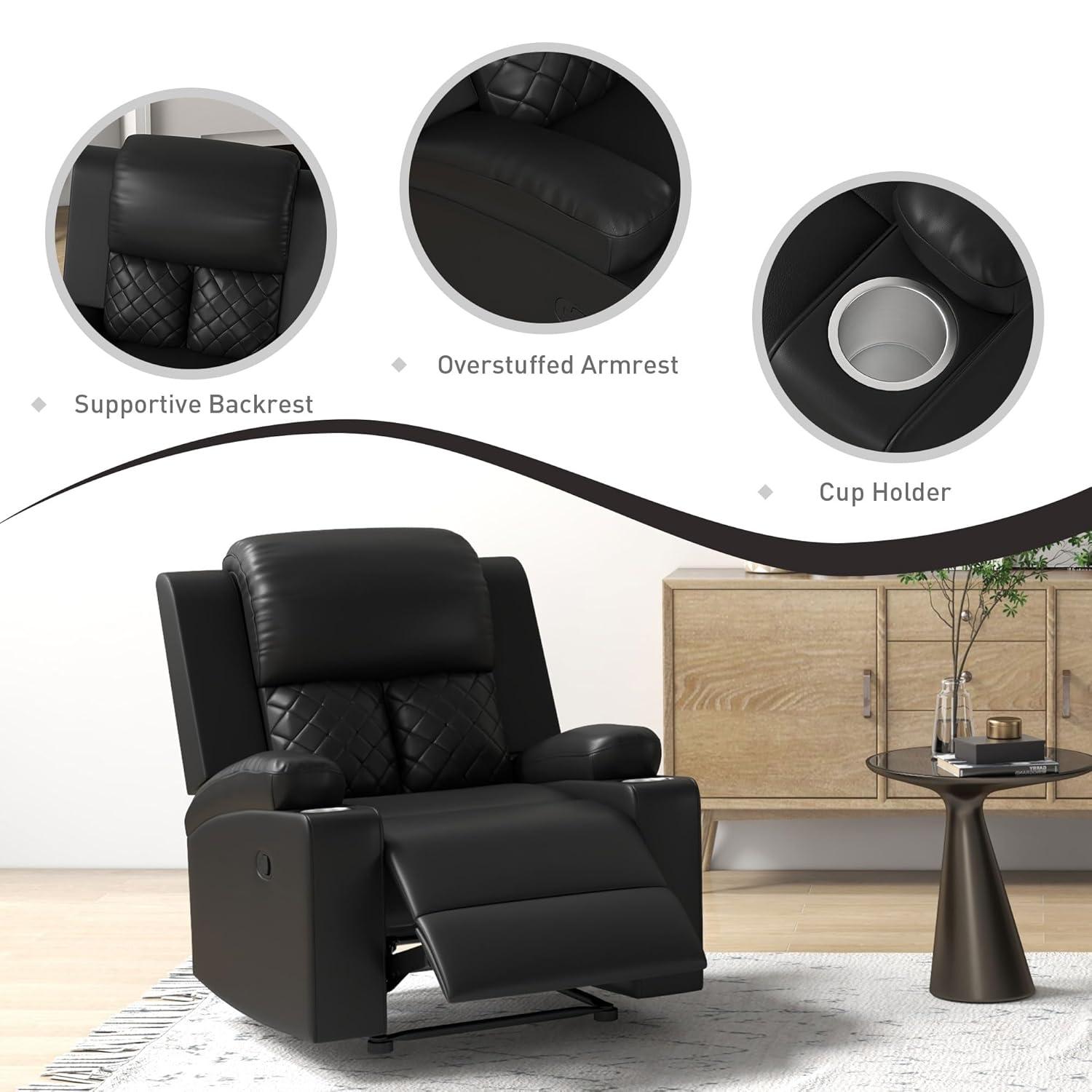 Bonzy Home Manual Recliner Chair for Adults, Comfortable Faux Leather Home Theater Seating with Overstuffed Backrest and Armrests, 2 Cup Holders, Black