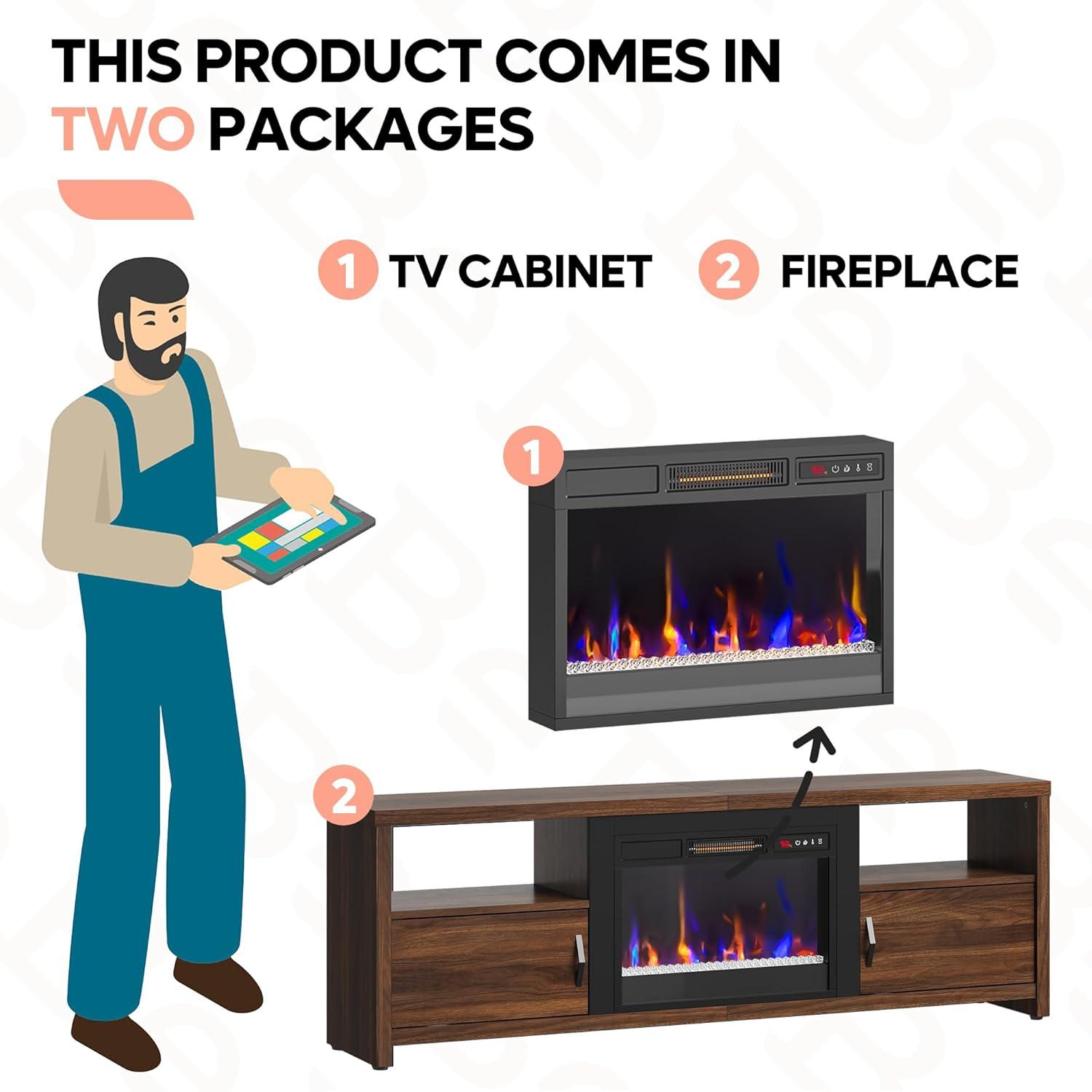 70.87 in. Walnut Electric Fireplace TV Stand Fits TV's Up to 75 in. LED Entertainment Center with Cabinets