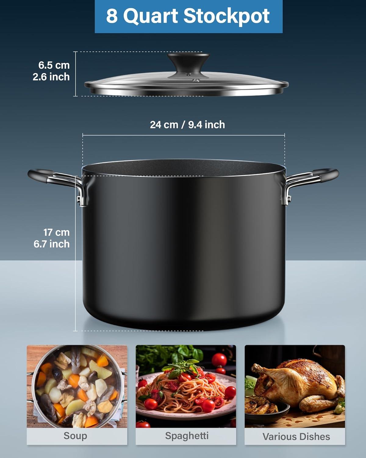 8-Quart Black Aluminum Nonstick Stockpot with Glass Lid