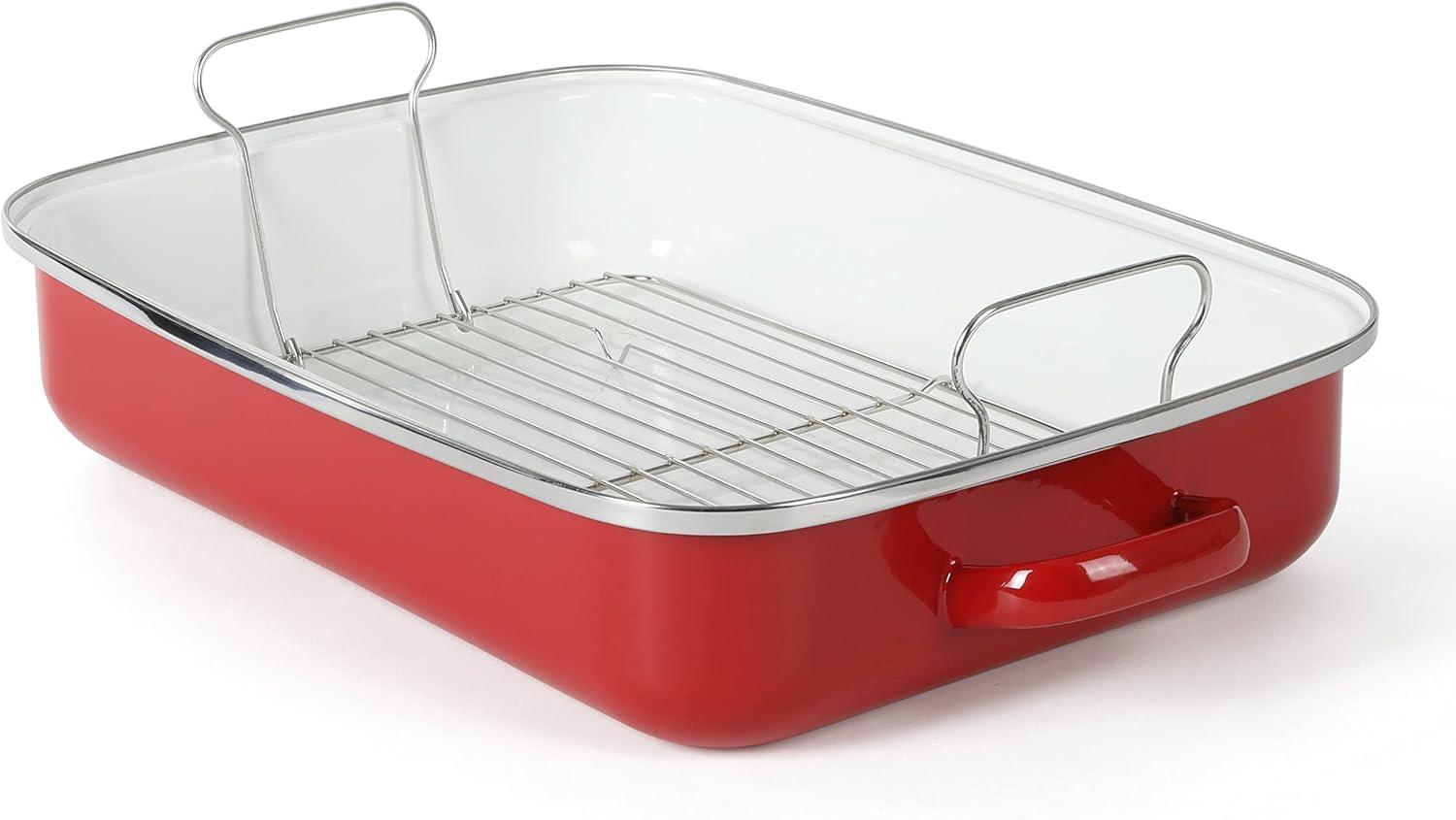 Red 18" Enameled Steel Roaster Pan with Rack and Handles