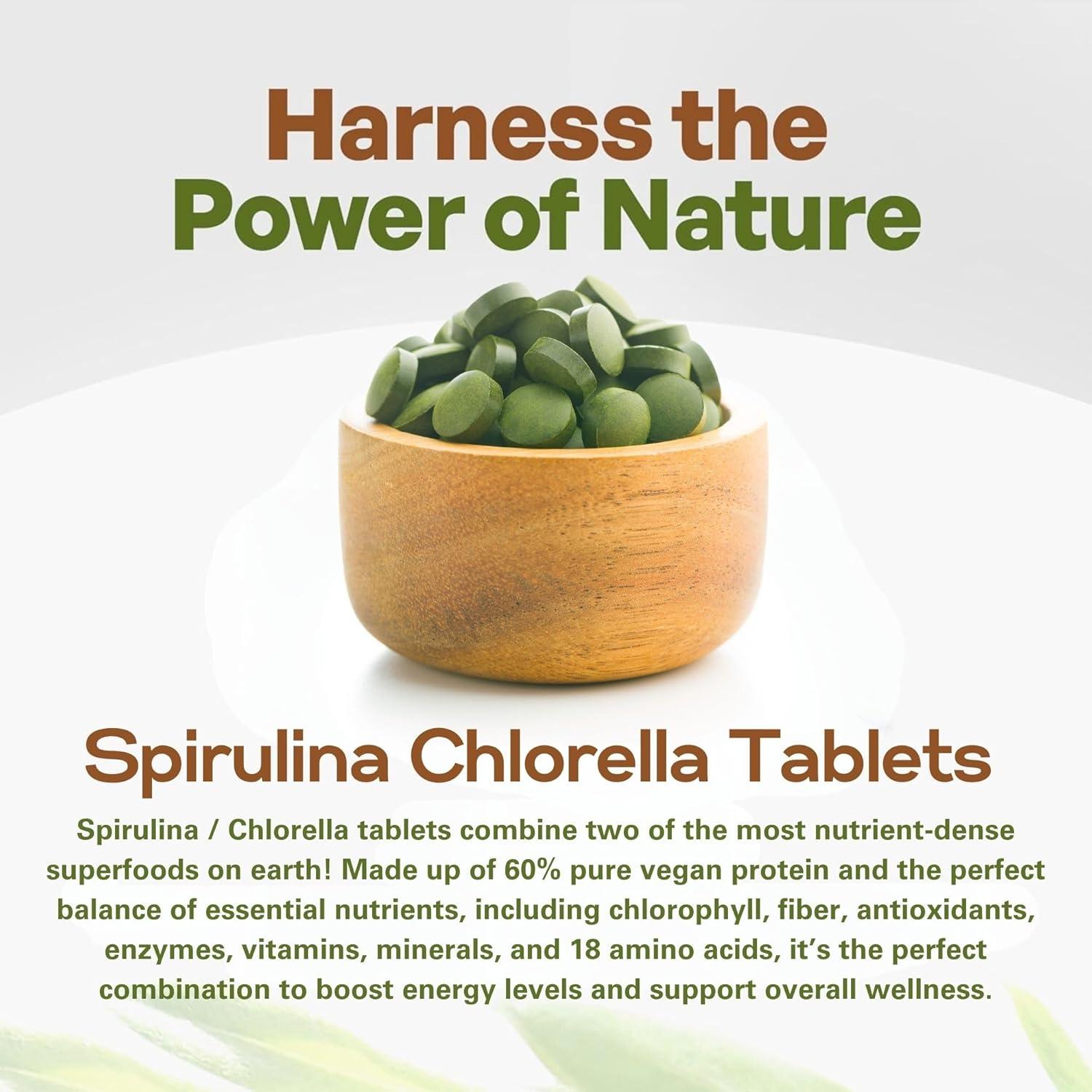 Go Nutra Organic Chlorella & Spirulina Tablets, 50/50 Blend, 500mg Each, 720 Count, 4 Months Supply, Superfood Rich in Vegan Protein Chlorophyll | Spirulina Chlorella Tablets Organic
