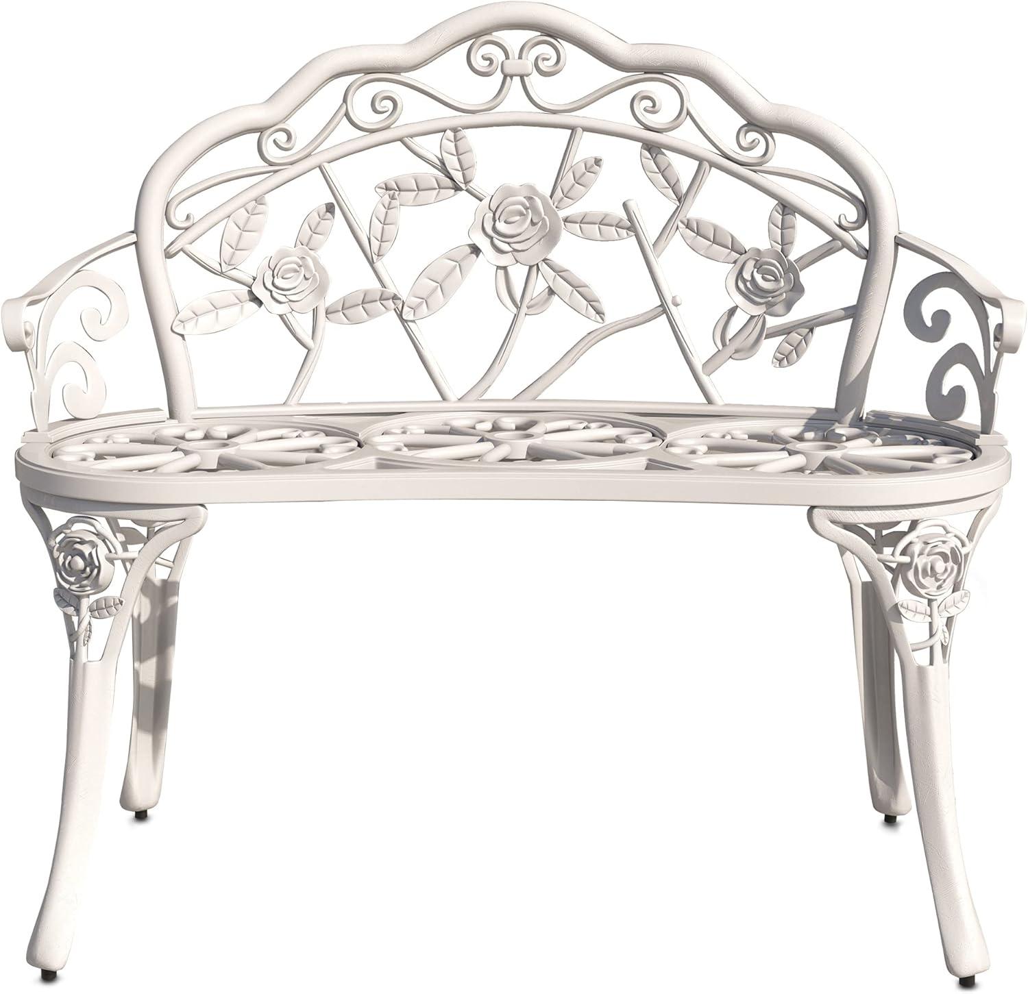 Antique Rose Cast Aluminum and Iron Outdoor Loveseat Bench - White