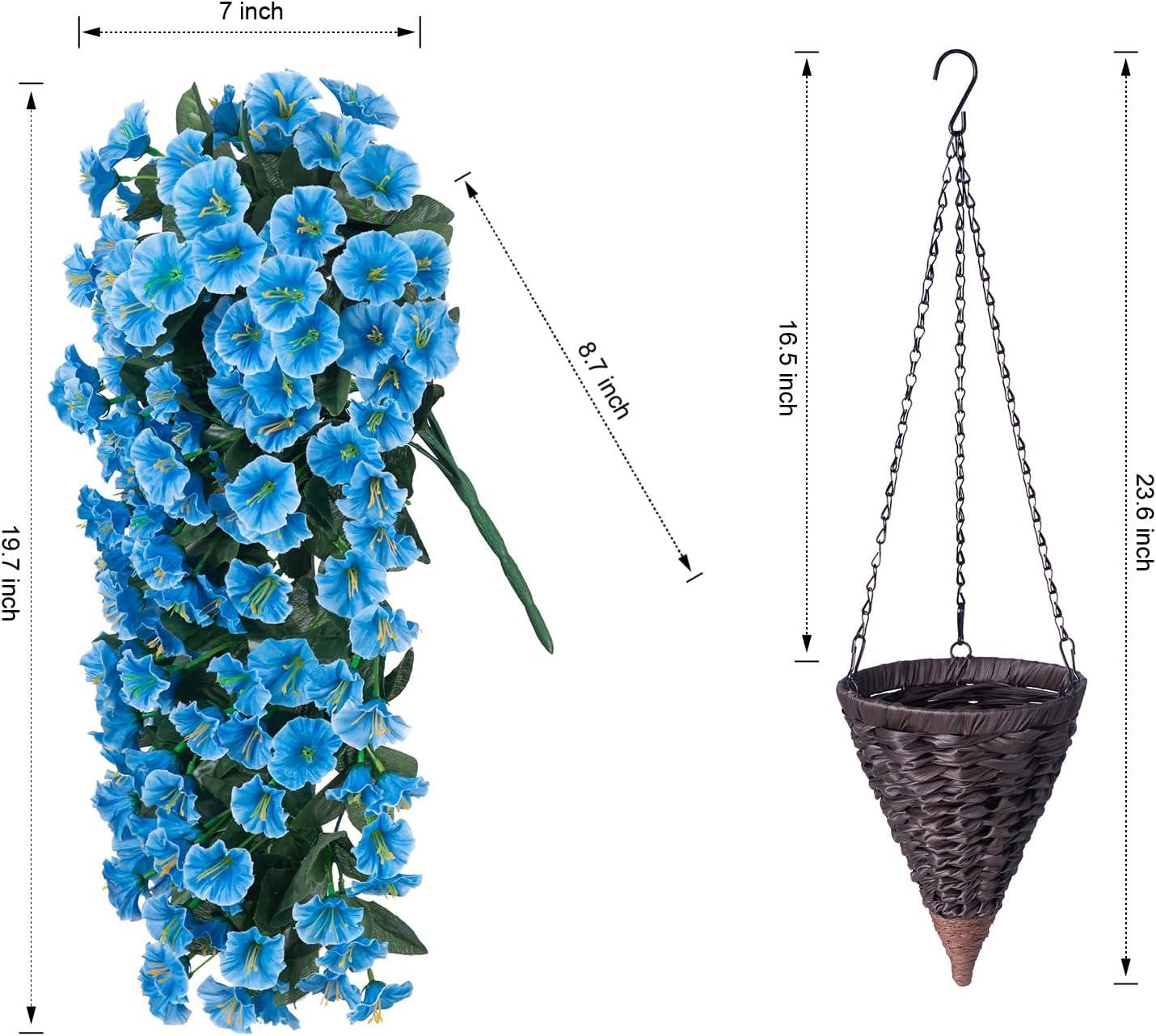 Artificial Hanging Flowers in Basket Fake Plant for Outside, Silk Pink Morning Glory Flower Arrangement for Outdoor Decor, UV Resistant Realistic Floral Planter for Porch Patio Balcony