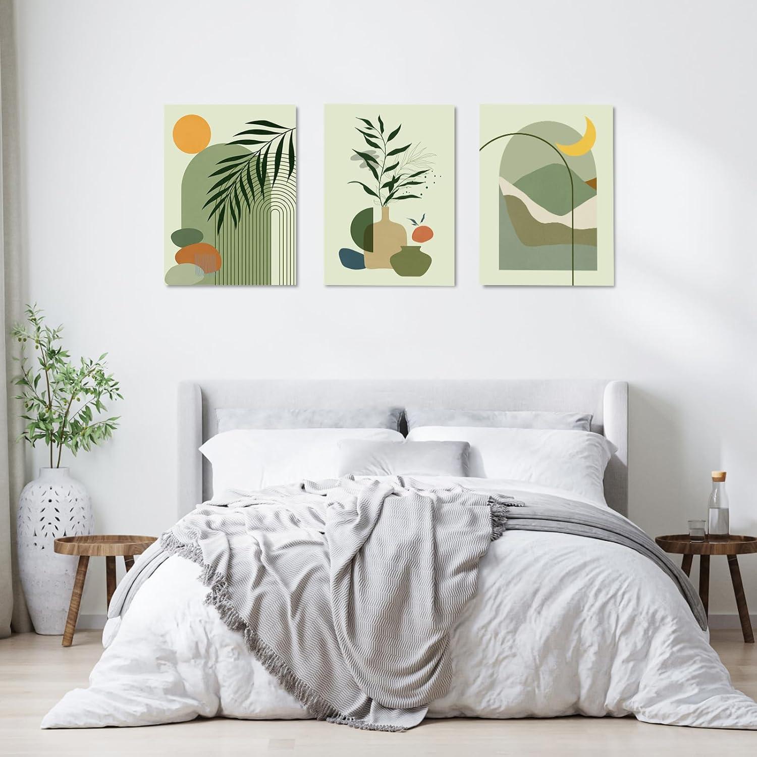 Sage Green Abstract Boho Canvas Wall Art Set