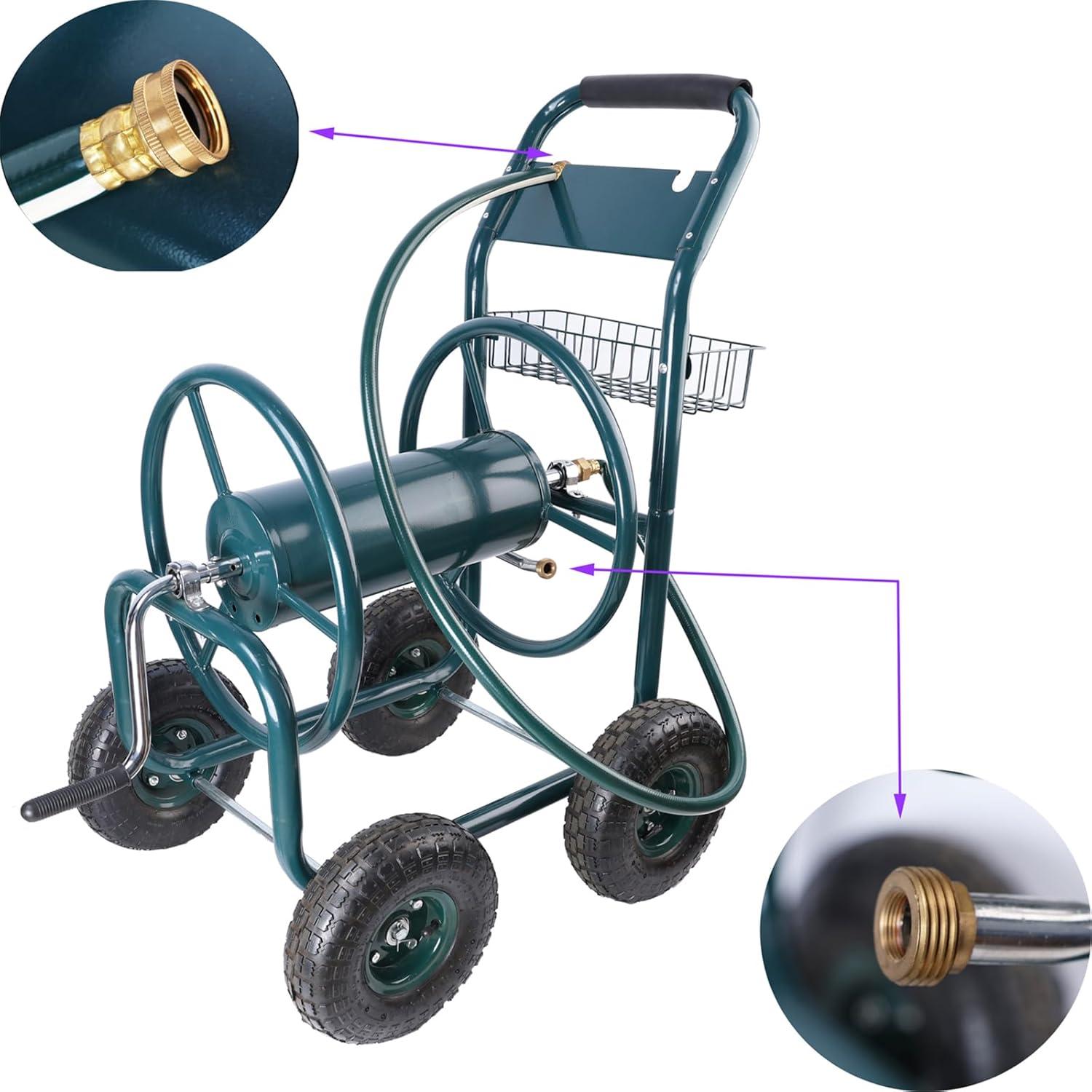 Green Heavy Duty 4-Wheel Garden Hose Reel Cart with Storage Basket