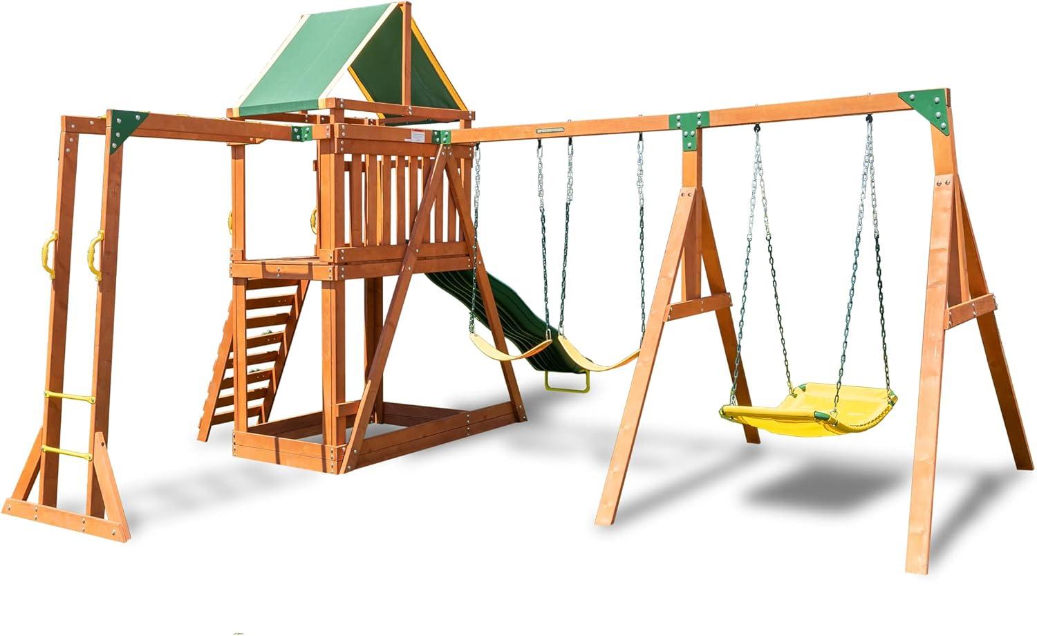 Olympia Natural Wood Swing Set with Green Slide and Fort