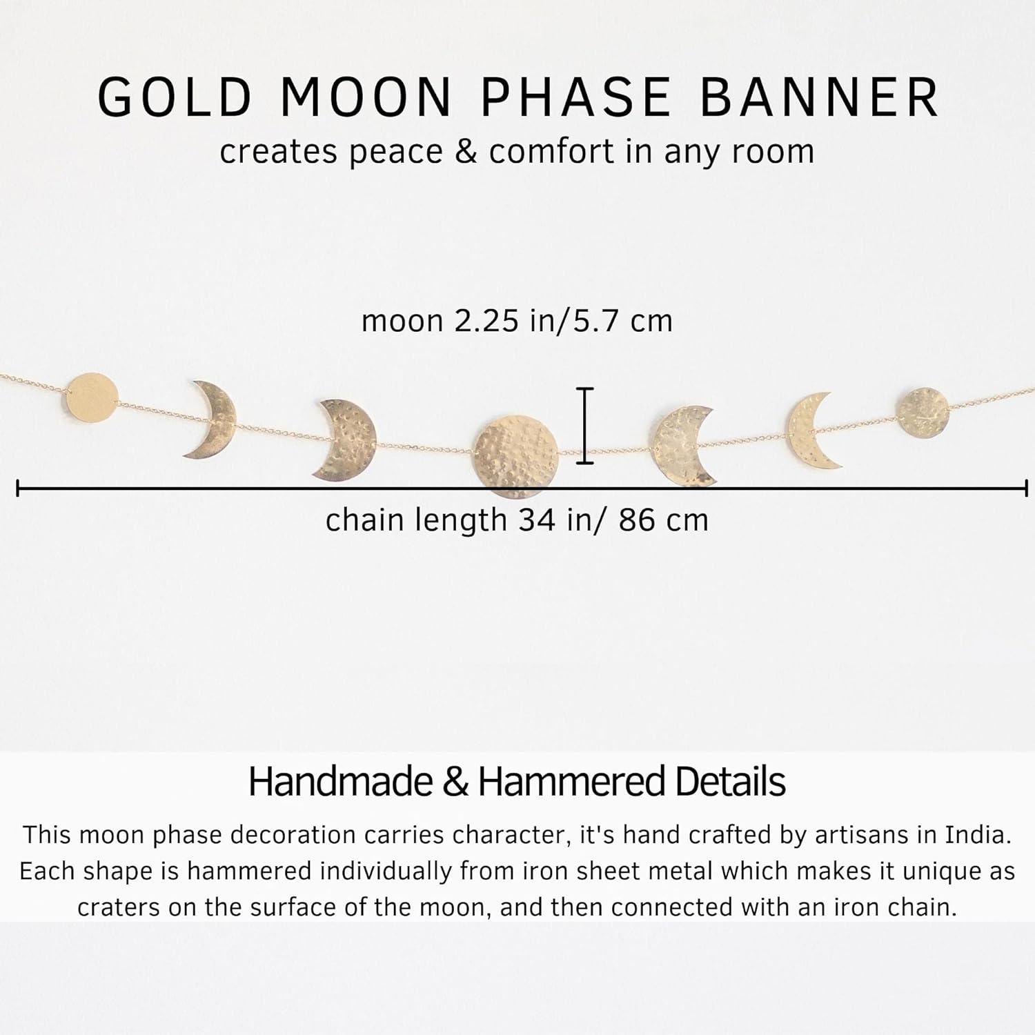 Elegant Bohemian Aesthetic, Moon Phase Wall Decor With Glowing Phases, Handmade Hammered Gold Metal Vertical Wall Art For Shelves, Bedside Tables, Mirrors