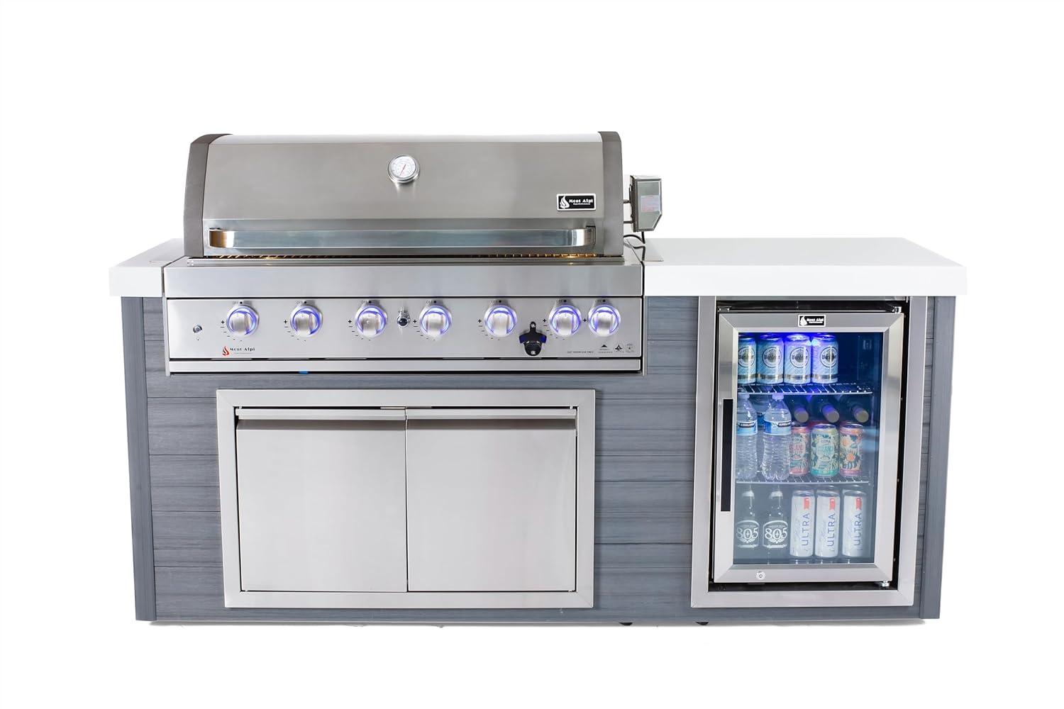 Mont Alpi MA805-AW Artwood Series High Density Polyethylene 6-Burner 87000 BTU Propane Natural Gas Stainless Steel Outdoor Kitchen Island Grill + Granite Countertops + Double Access Doors + Refrigerator