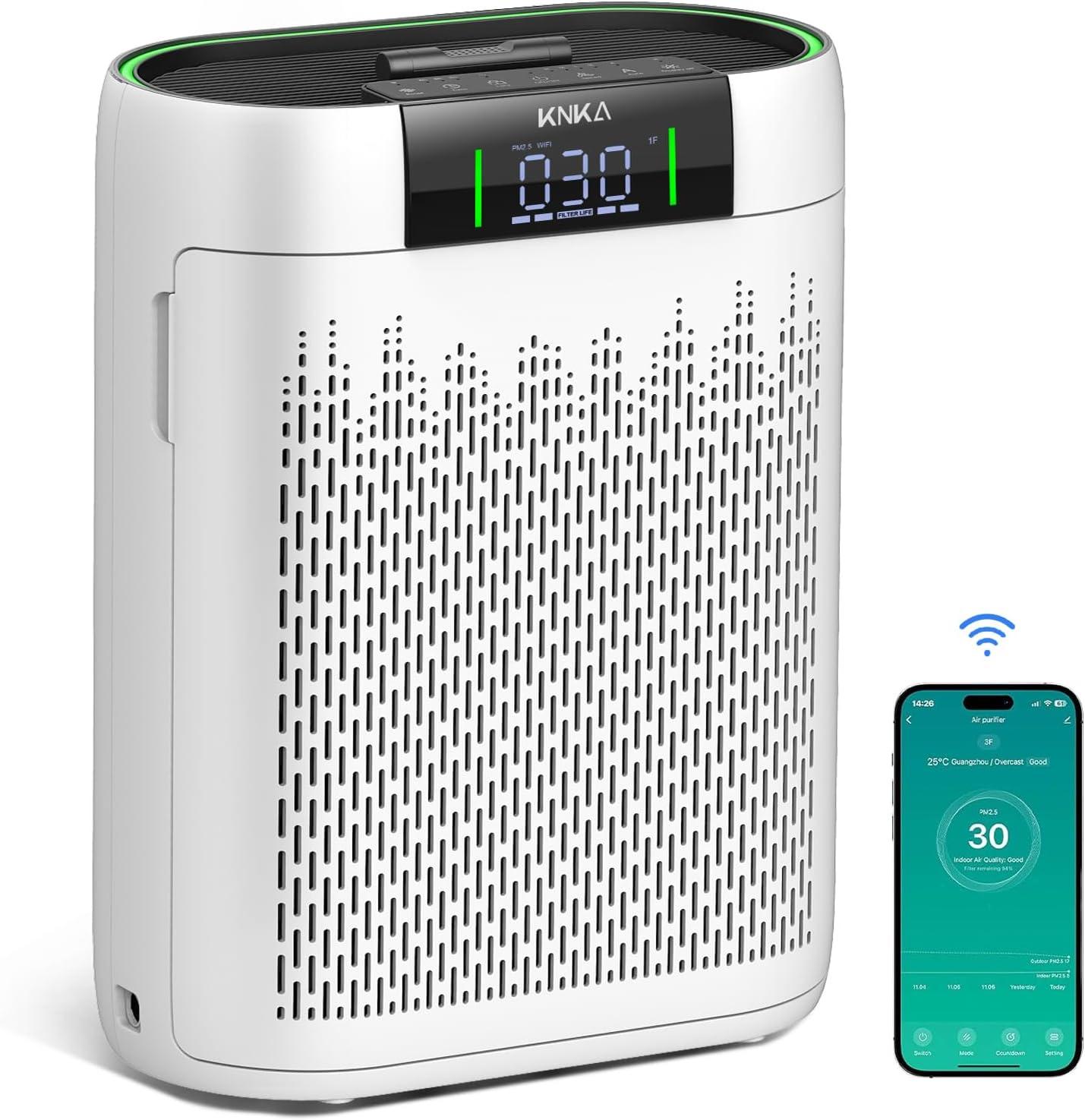 KNKA Air Purifier, HEPA Air Purifiers for Large Rooms up to 2500 Sq. ft., Air Cleaner with Air Quality Monitor, Smart WiFi, and Aromatherapy, for Allergies, Pets, Odors, Dust, Pollen, and Smoke